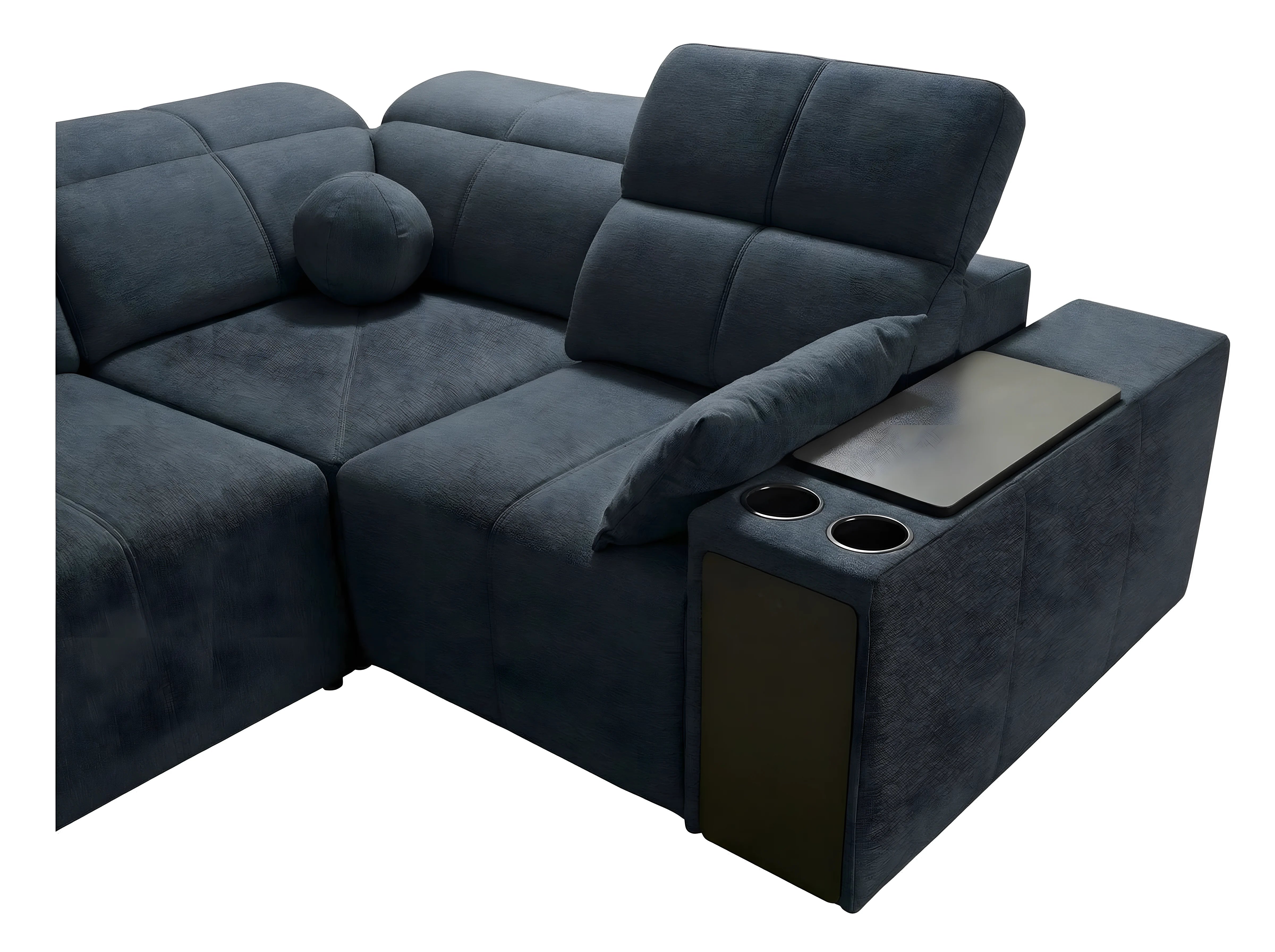 Canapé d'angle en tissu bleu foncé avec coussin rond, accoudoir avec table et 2 porte-gobelets pour salon