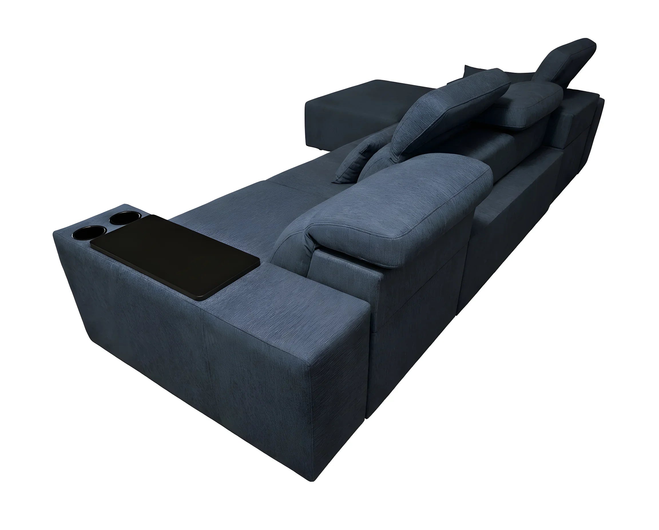 Canapé d'angle en tissu bleu nuit avec repose-tête, accoudoirs, table basse et porte-gobelets pour salon