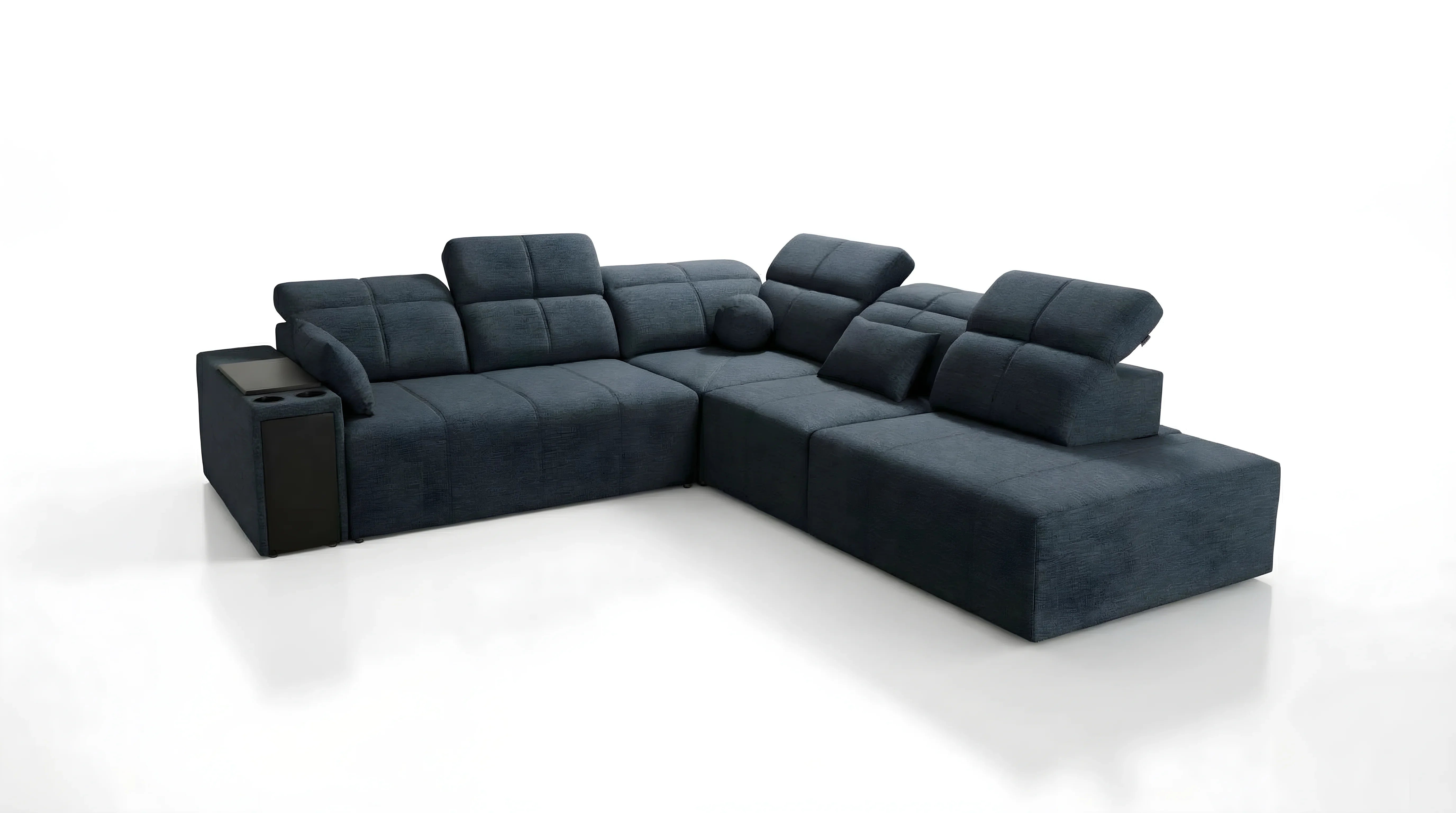 Canapé d'angle en tissu bleu foncé, design moderne, avec accoudoirs, porte-gobelets, idéal salon