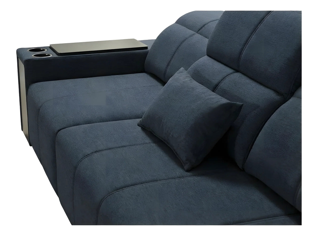 Canapé d'angle en tissu bleu pétrole avec coussin, accoudoir avec porte-gobelets, pour salon moderne