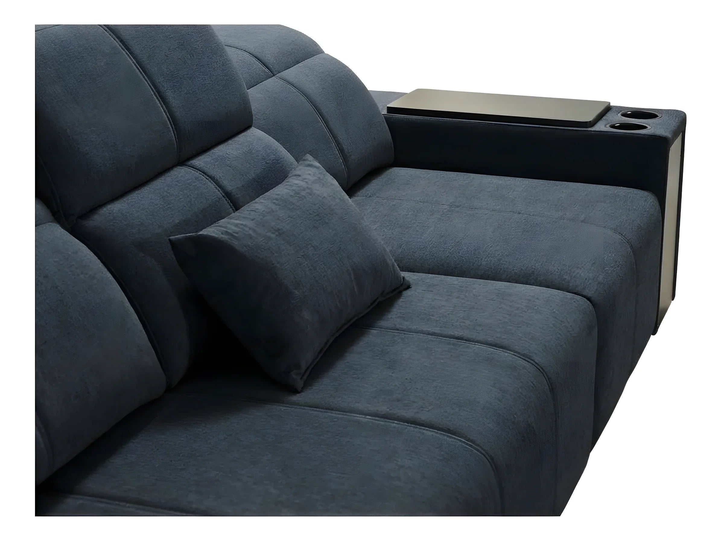 Canapé d'angle en tissu bleu pétrole. Design avec coussin, accoudoir noir et porte-gobelets. Idéal salon.