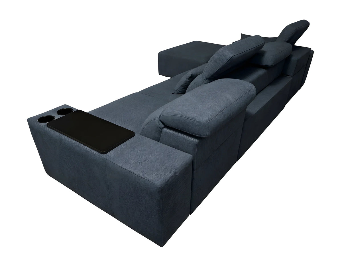 Canapé d'angle en tissu gris anthracite, design contemporain avec table et porte-gobelets intégrés, idéal salon