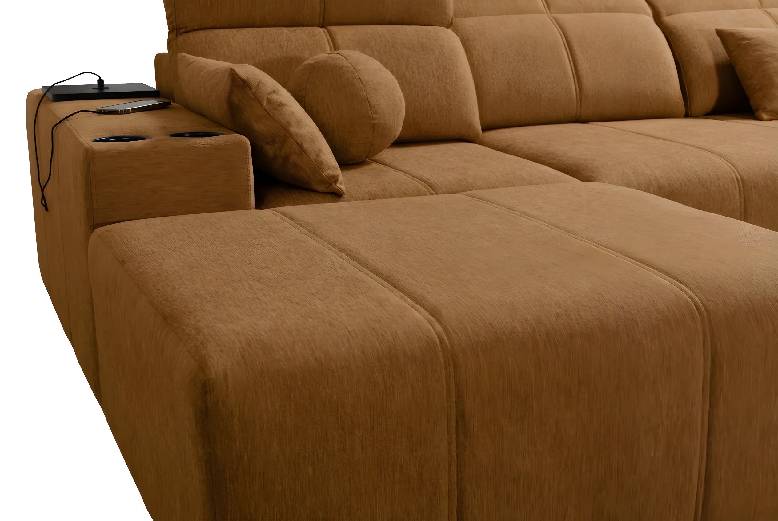 Canapé d'angle marron en tissu texturé avec accoudoir et deux porte-gobelets pour salon