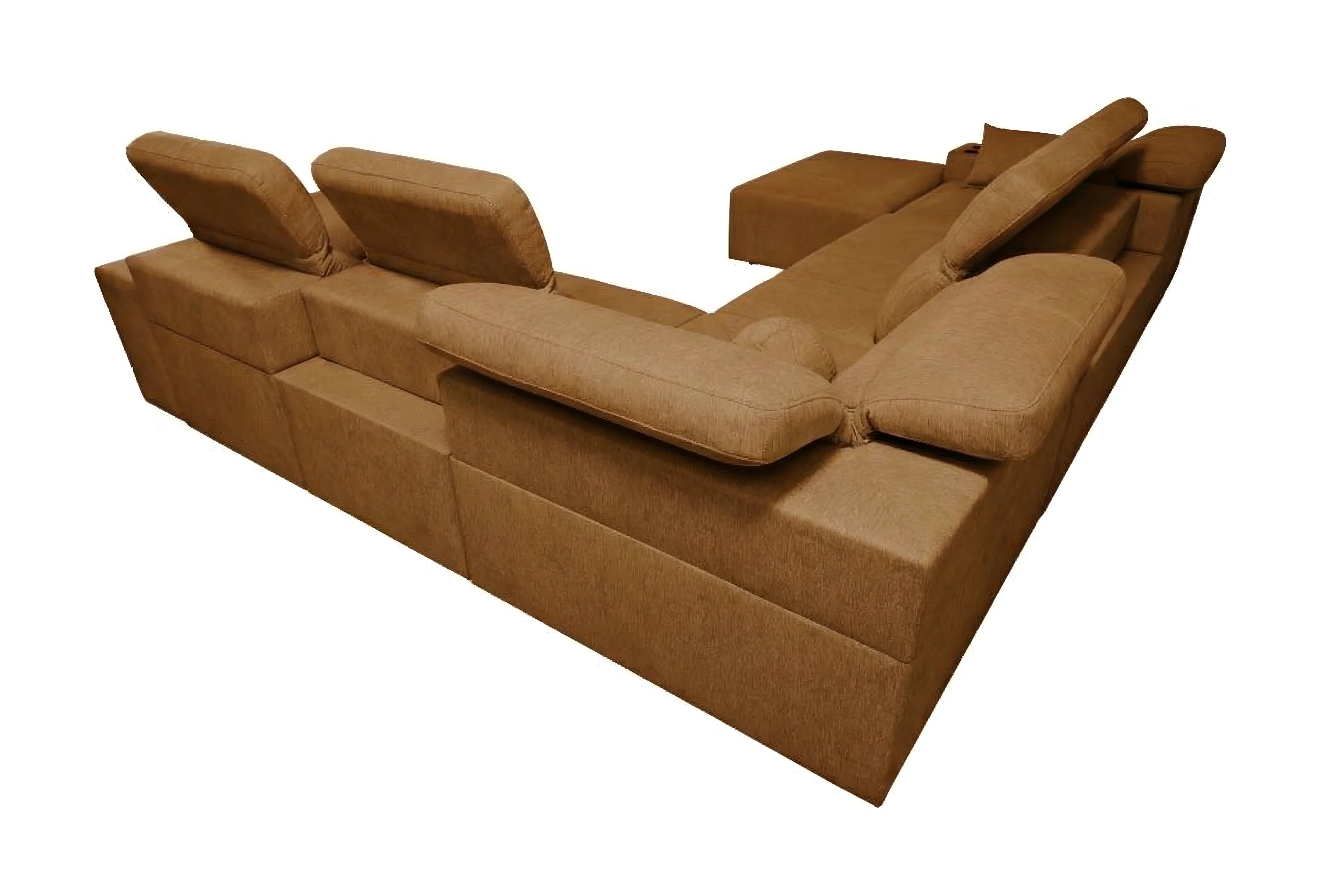 Canapé d'angle marron en tissu texturé, design moderne, idéal pour salon contemporain, vue de profil sur fond blanc.