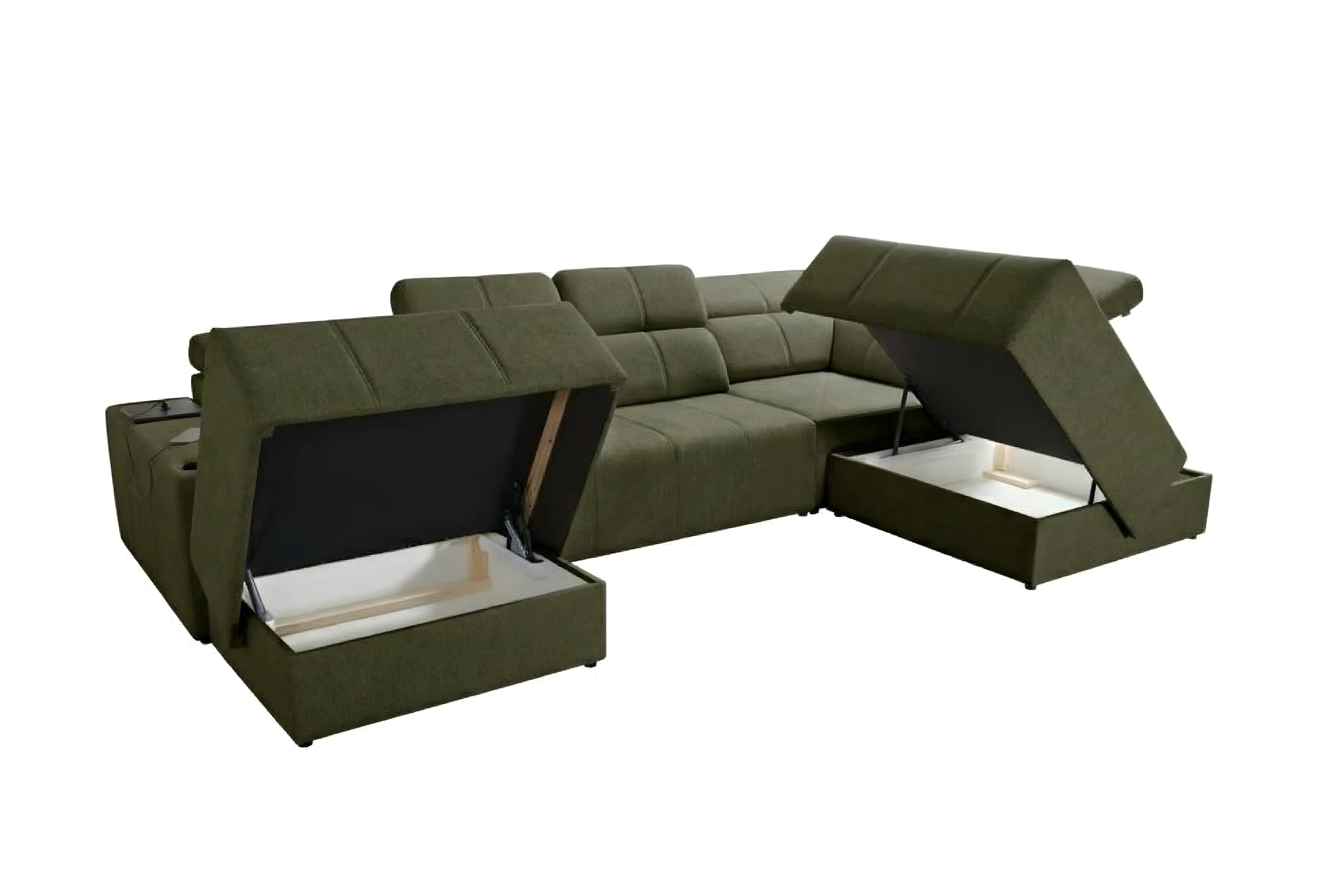 Canapé d'angle vert en tissu avec coffres ouverts, idéal pour salon moderne, vue de face sur fond blanc