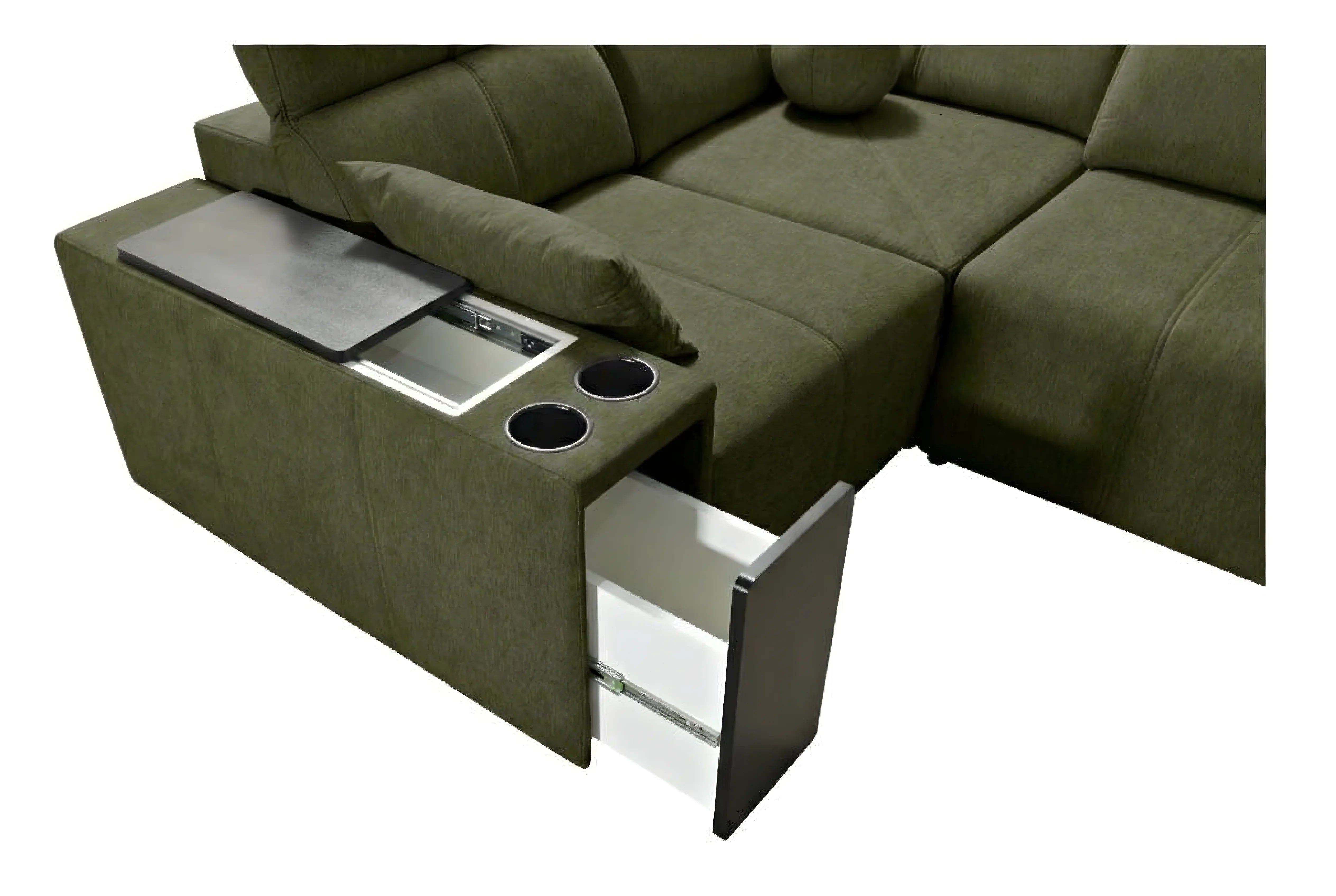 Canapé d'angle vert en tissu, avec accoudoir intégrant table, porte-gobelets et tiroir ouvert, éclairage de salon