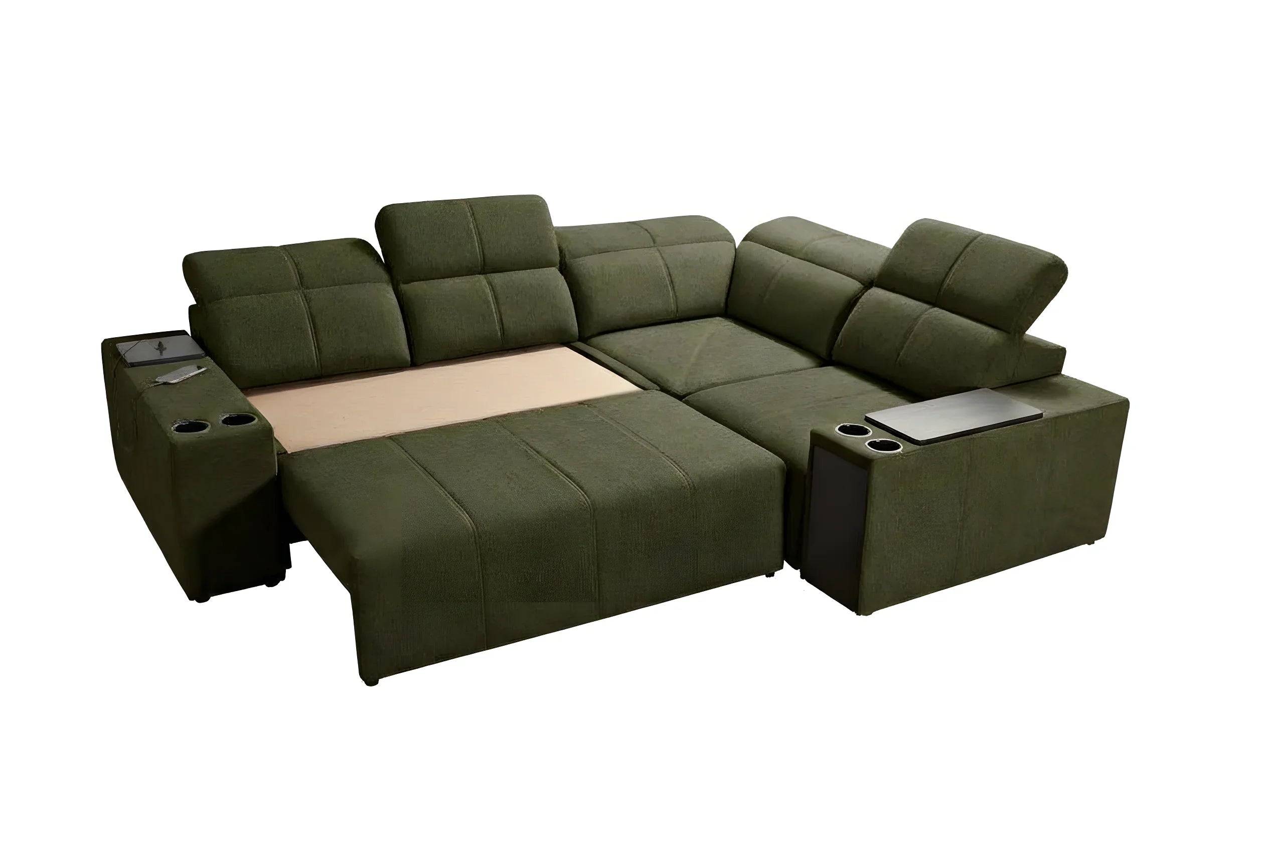 Canapé d'angle vert en tissu, convertible avec coussins, accoudoirs et porte-gobelets, pour salon moderne