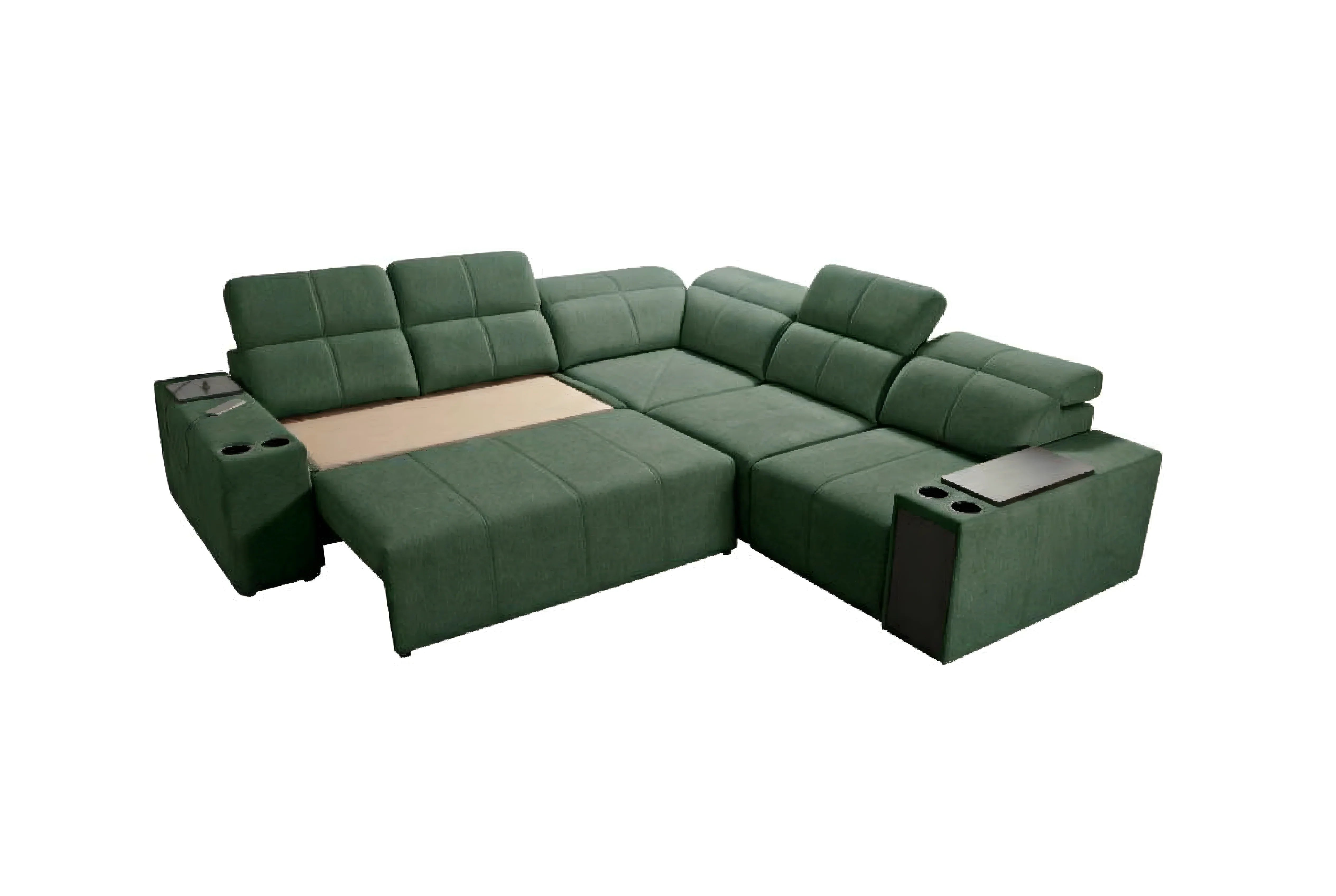 Canapé d'angle vert en tissu, convertible avec porte-gobelets intégrés, idéal pour salon moderne