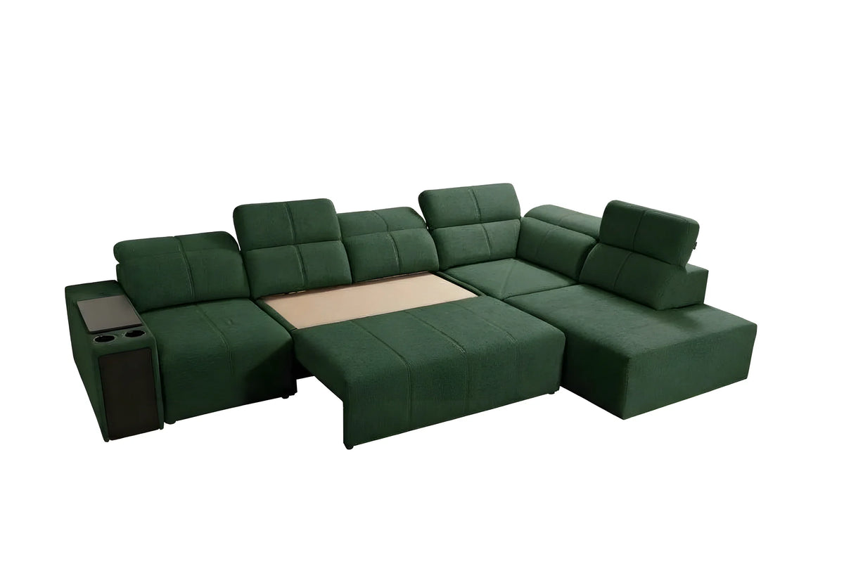Canapé d'angle vert en tissu, convertible, avec porte-gobelets, idéal pour salon moderne