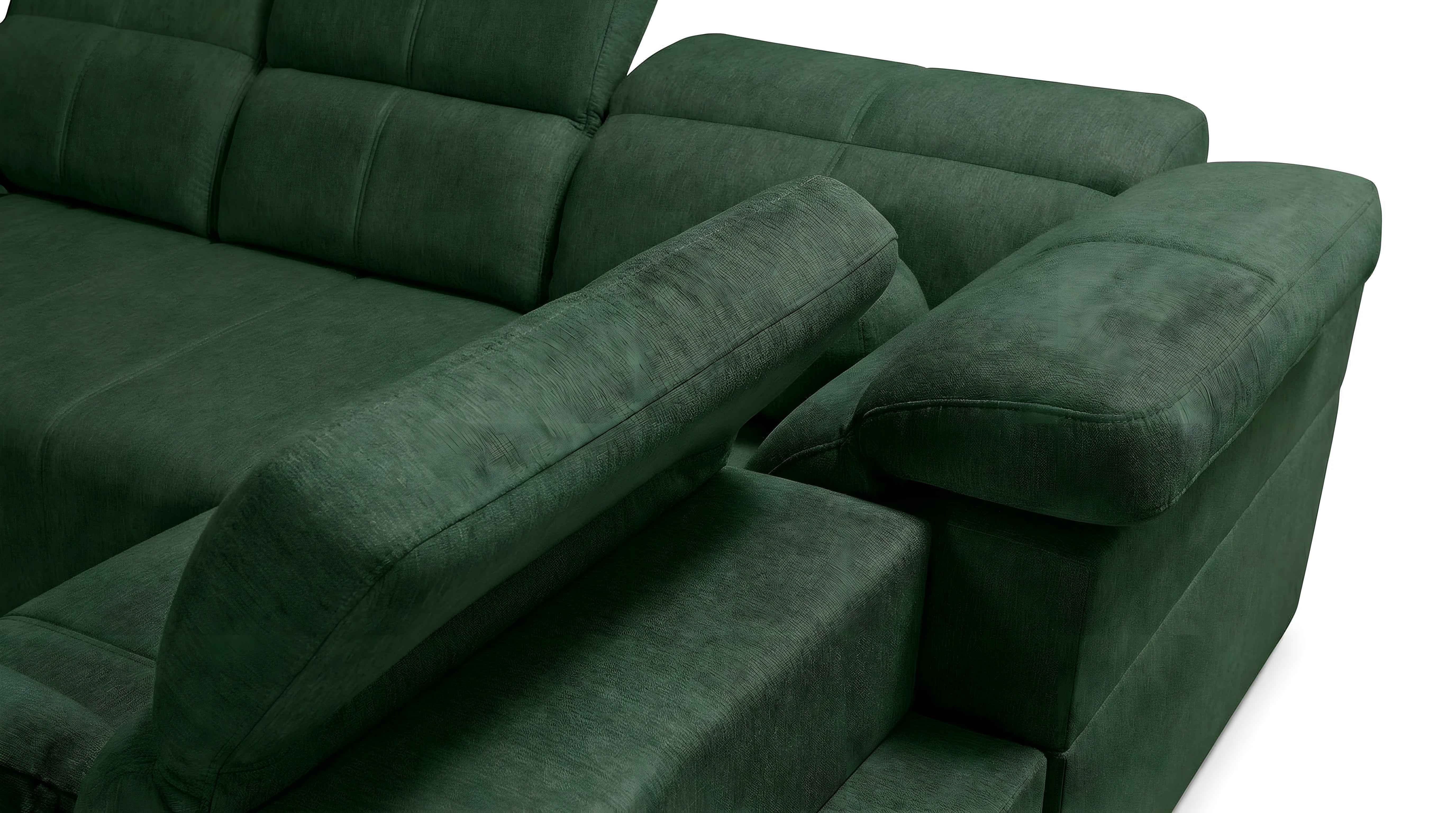 Canapé d'angle vert émeraude en tissu texturé, design moderne, coussins confortables, salon lumineux, fond blanc