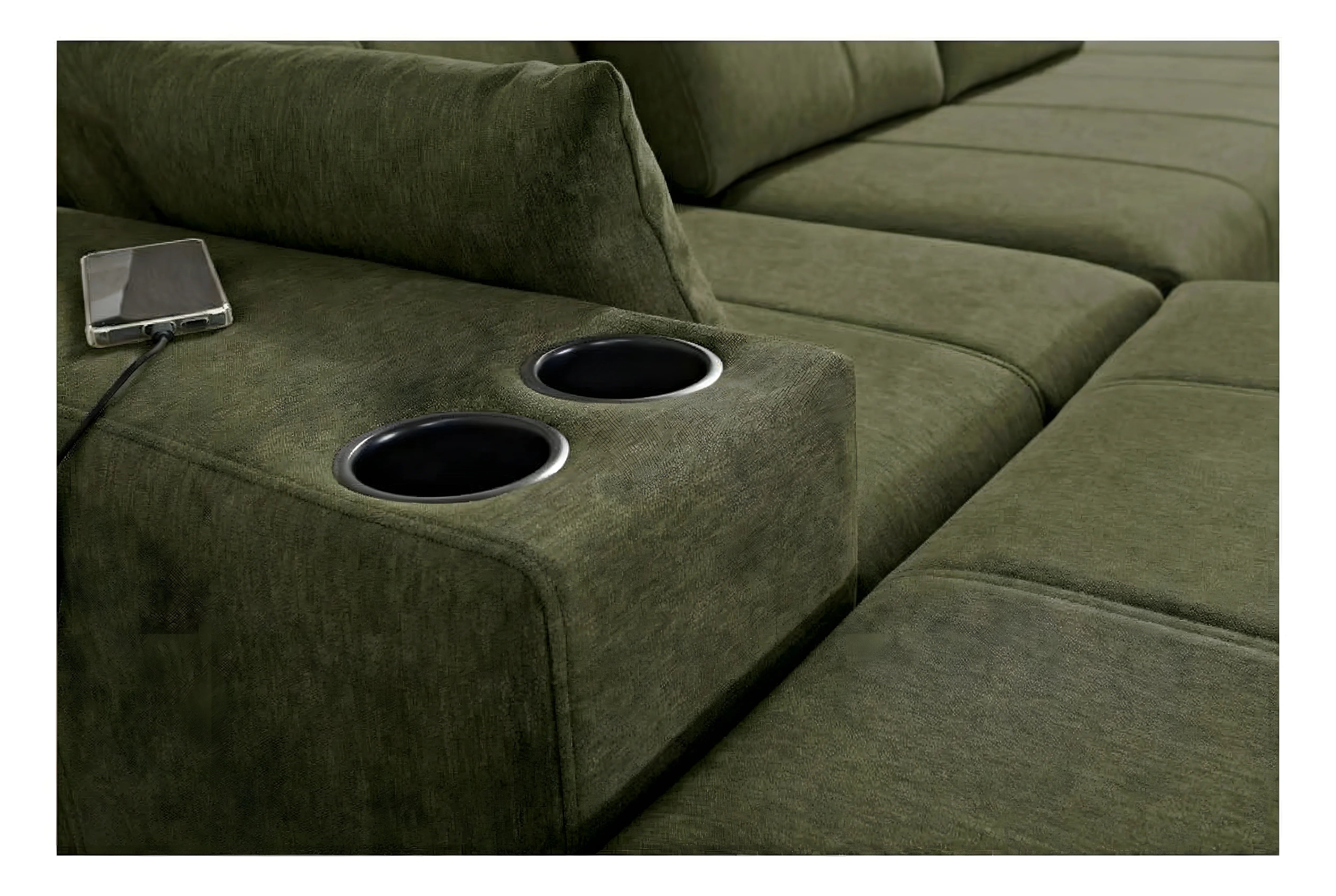 Canapé d'angle vert en tissu avec accoudoir, porte-gobelets intégrés, chargeur de téléphone, salon moderne