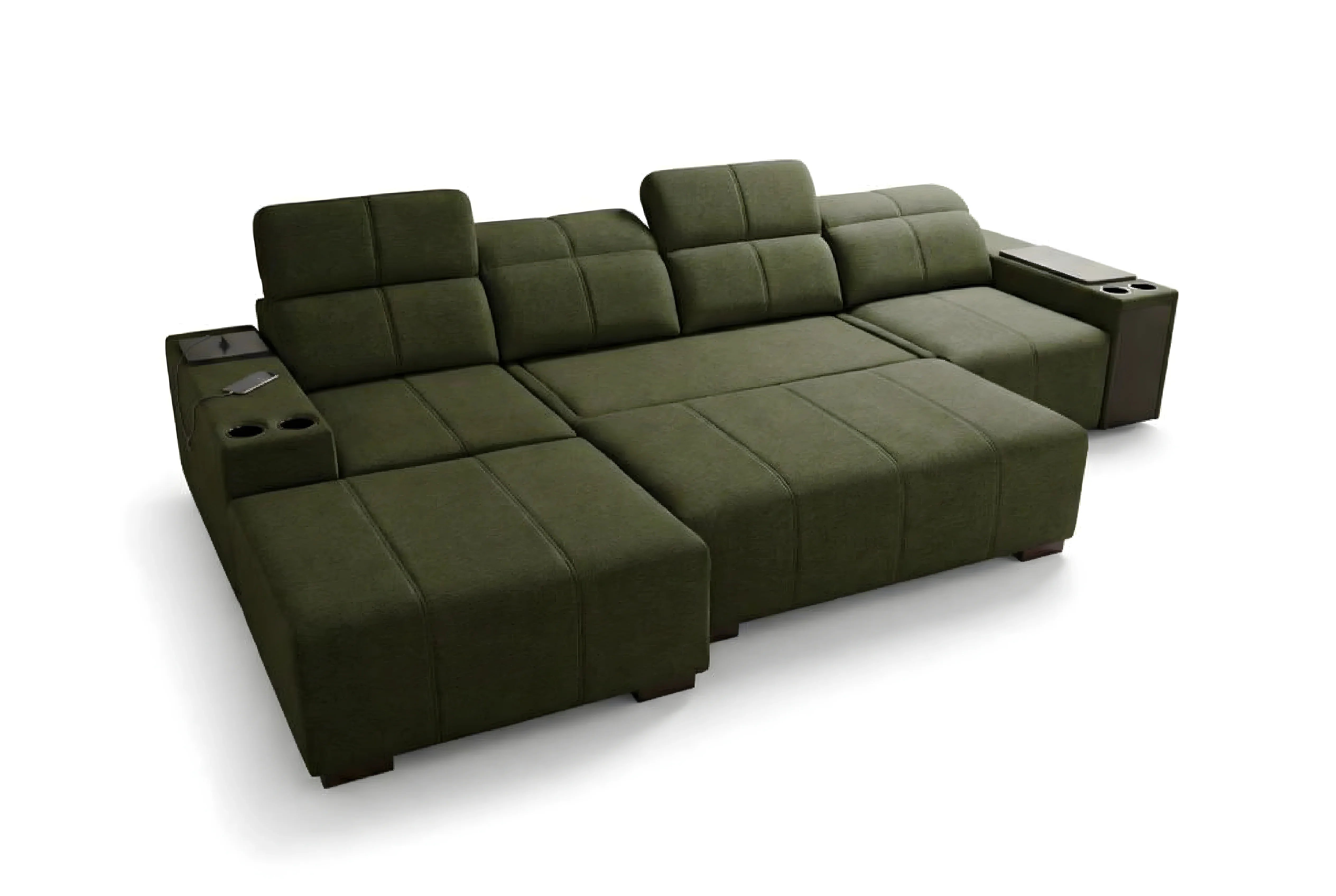 Canapé d'angle vert en tissu capitonné avec accoudoirs, porte-gobelets et table intégrés, idéal salon