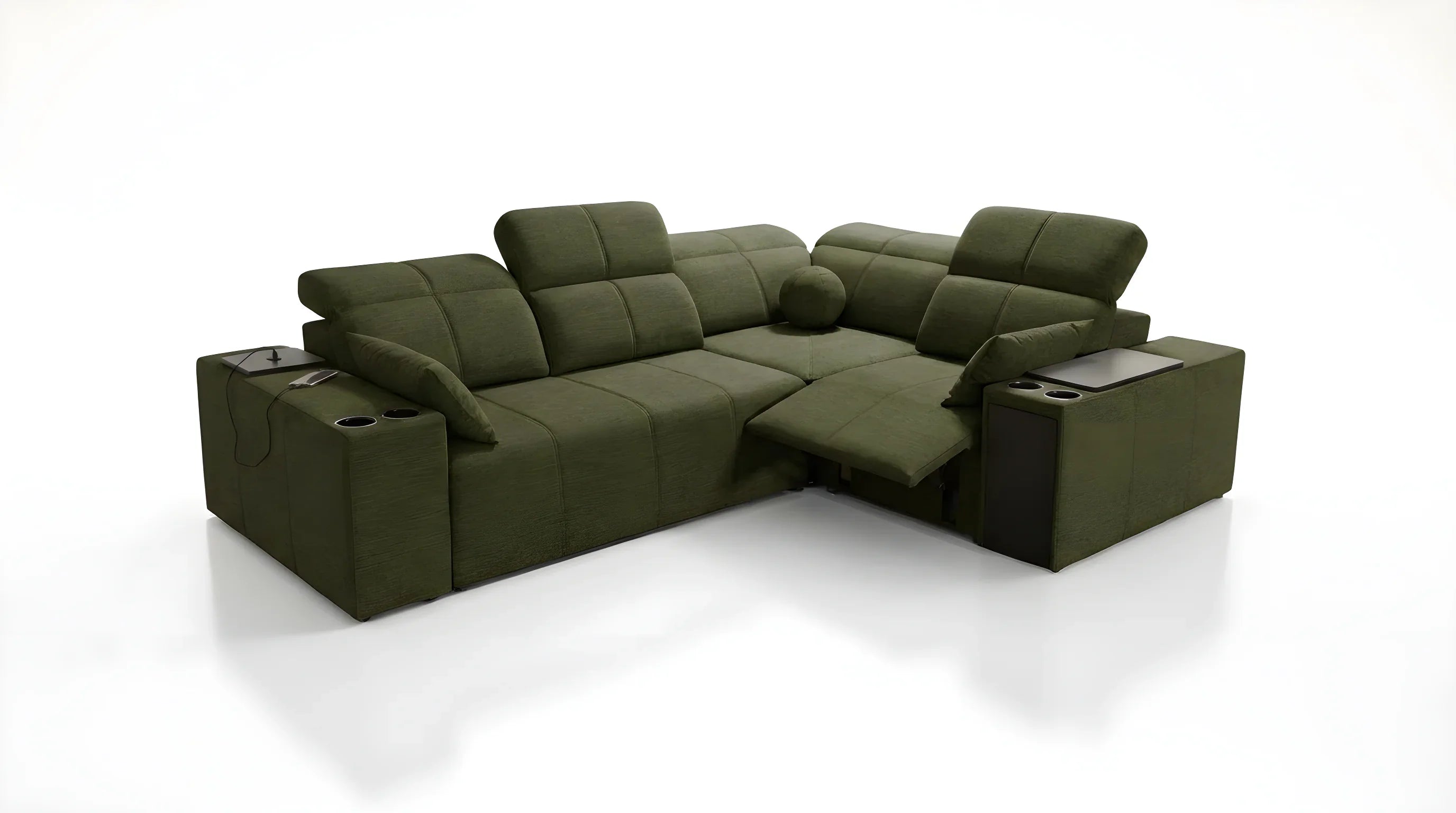 Canapé d'angle vert en tissu, design moderne avec tablettes et porte-gobelets, idéal salon