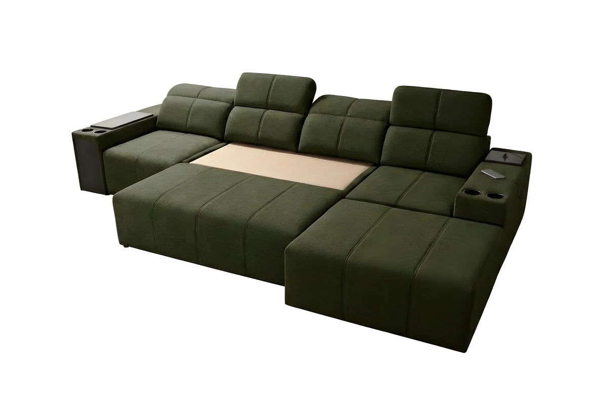 Canapé d'angle vert en tissu, avec accoudoirs, porte-gobelets, tablettes, idéal salon moderne