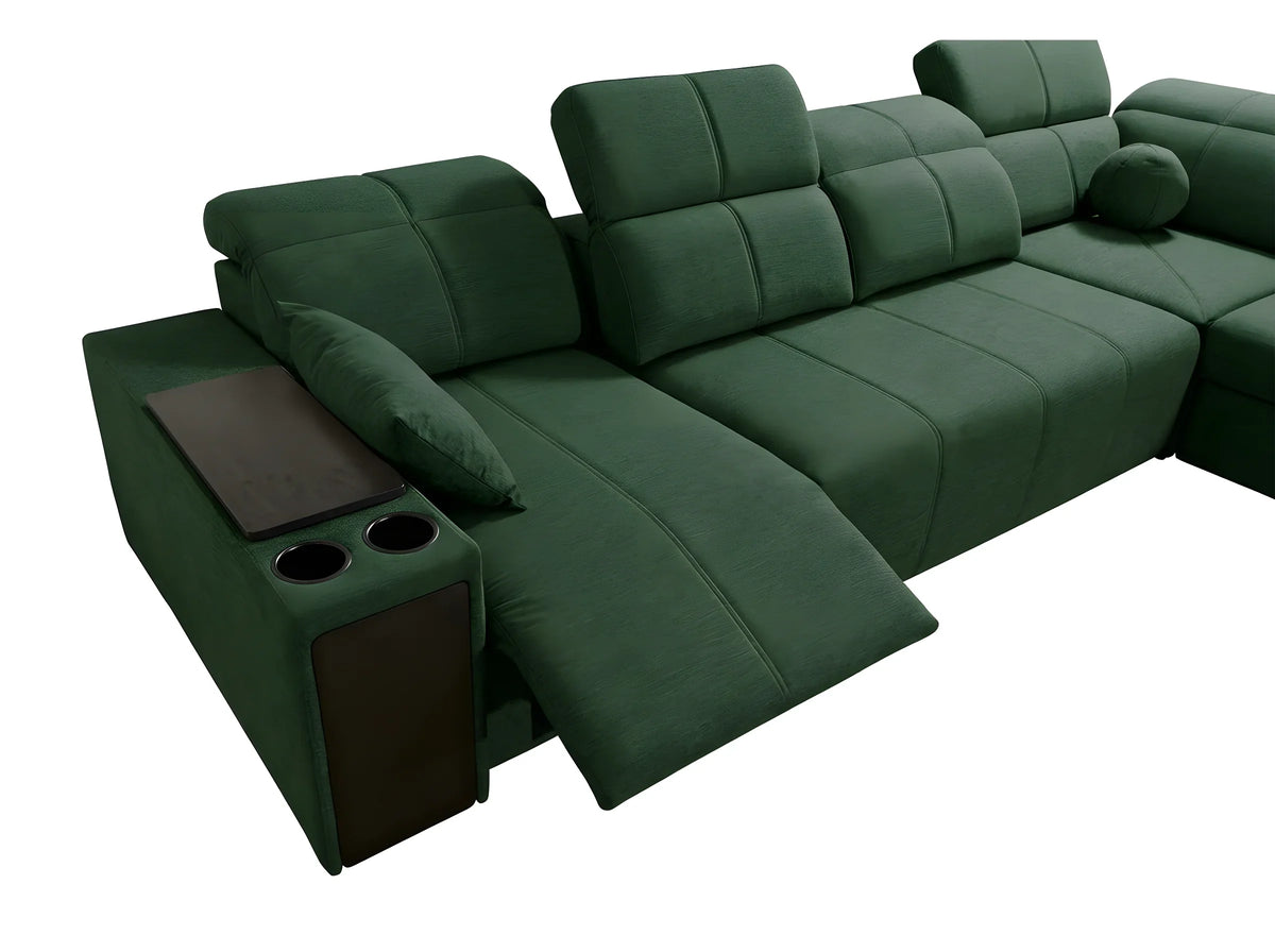Canapé d'angle vert en tissu, design moderne avec coussins et porte-gobelets intégrés pour salon