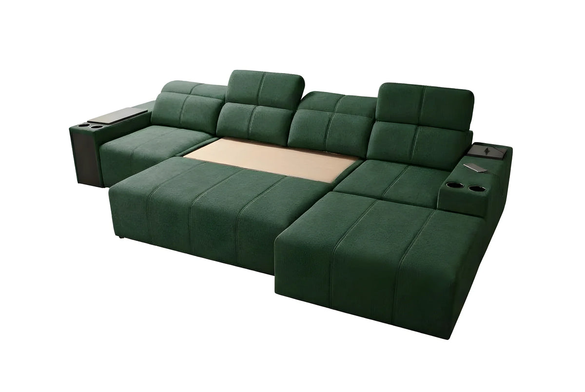 Canapé d'angle vert en tissu, forme contemporaine, avec accoudoirs, porte-gobelets et tablette intégrée, idéal salon
