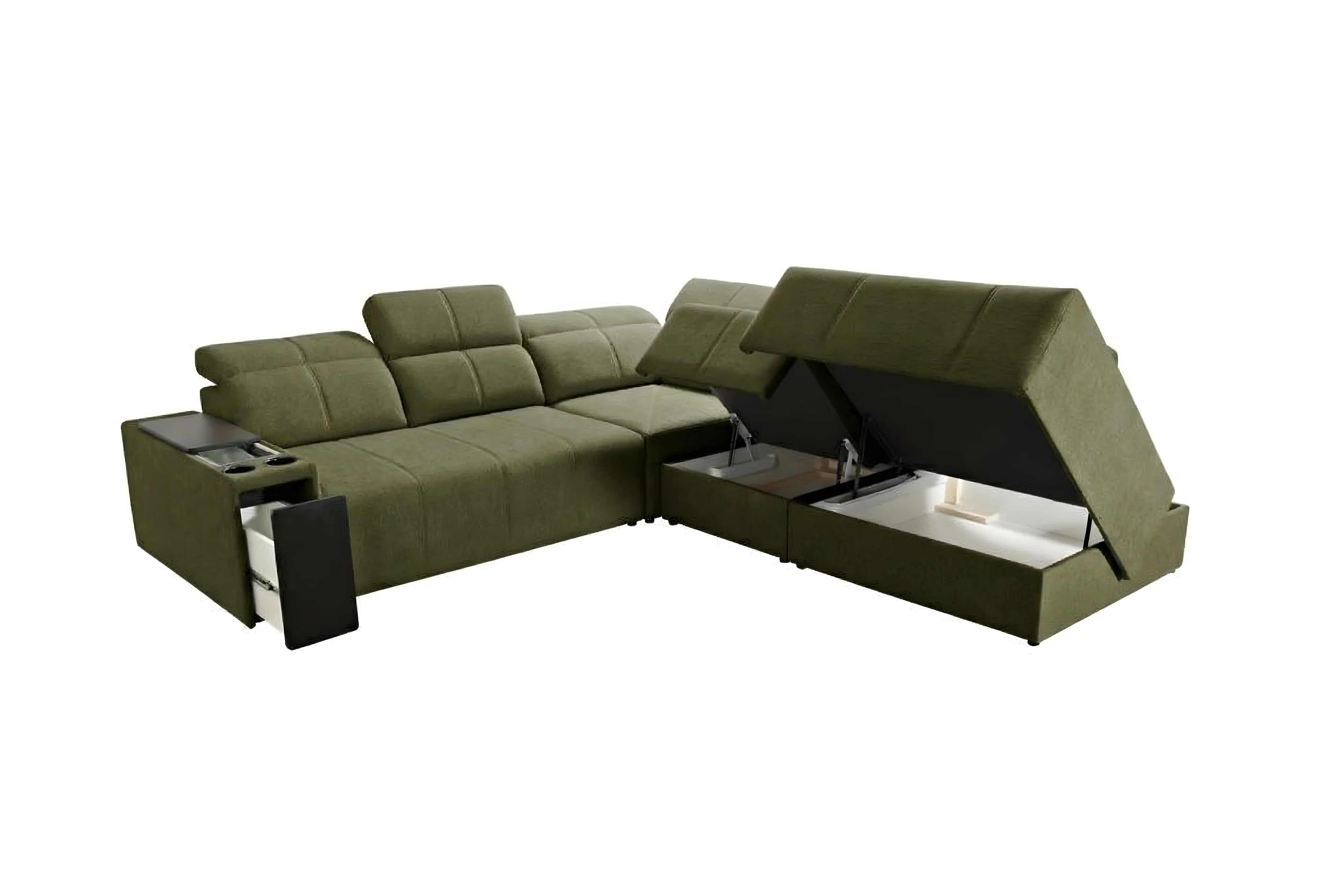Canapé d'angle vert en tissu, avec accoudoir, porte-gobelets et coffre de rangement, idéal salon moderne