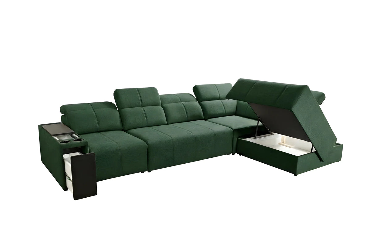 Canapé d'angle vert en tissu, design moderne avec compartiment de rangement, accoudoir avec porte-gobelets, pour salon