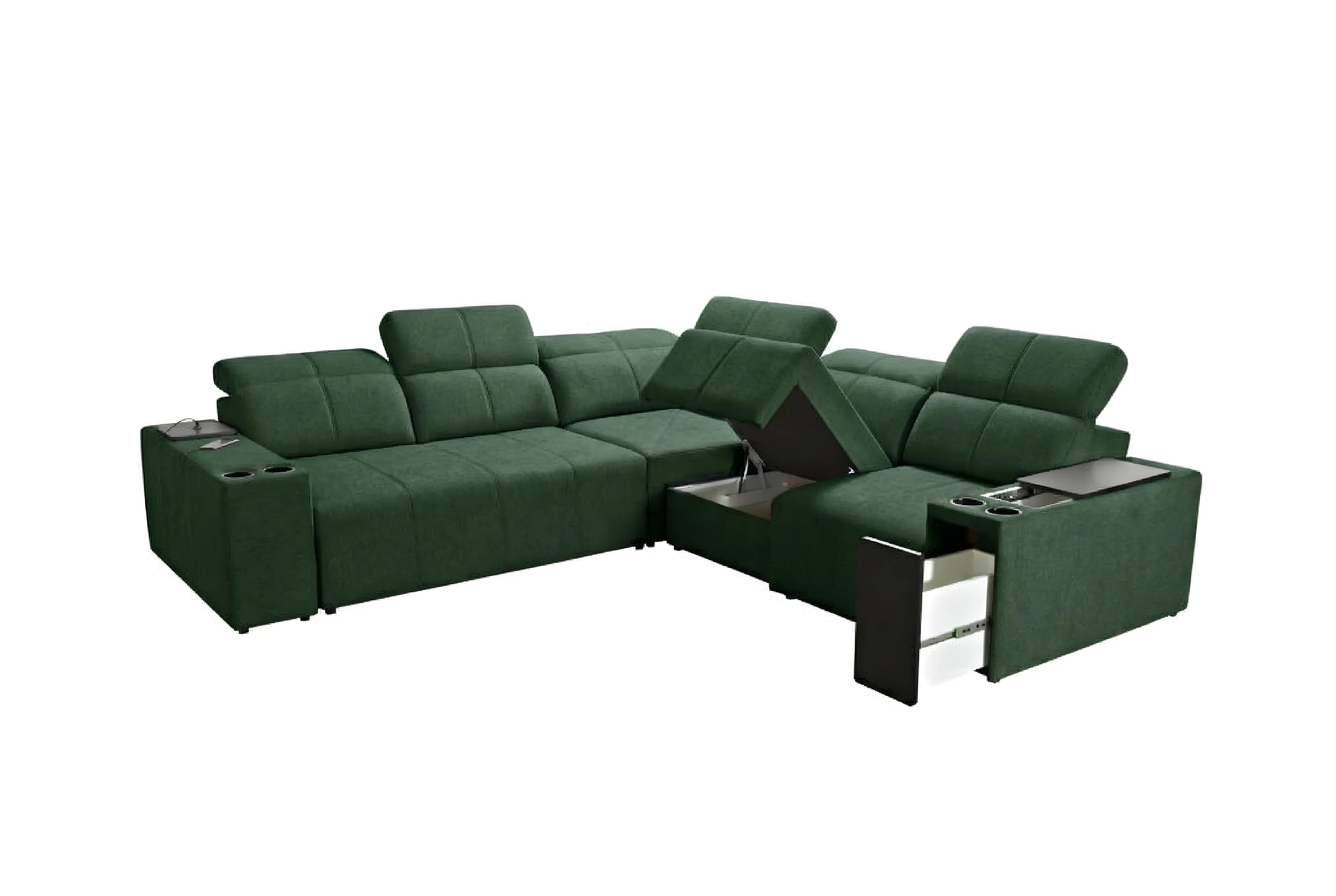 Canapé d'angle vert en tissu, design moderne avec coussins, rangements intégrés et porte-gobelets pour salon