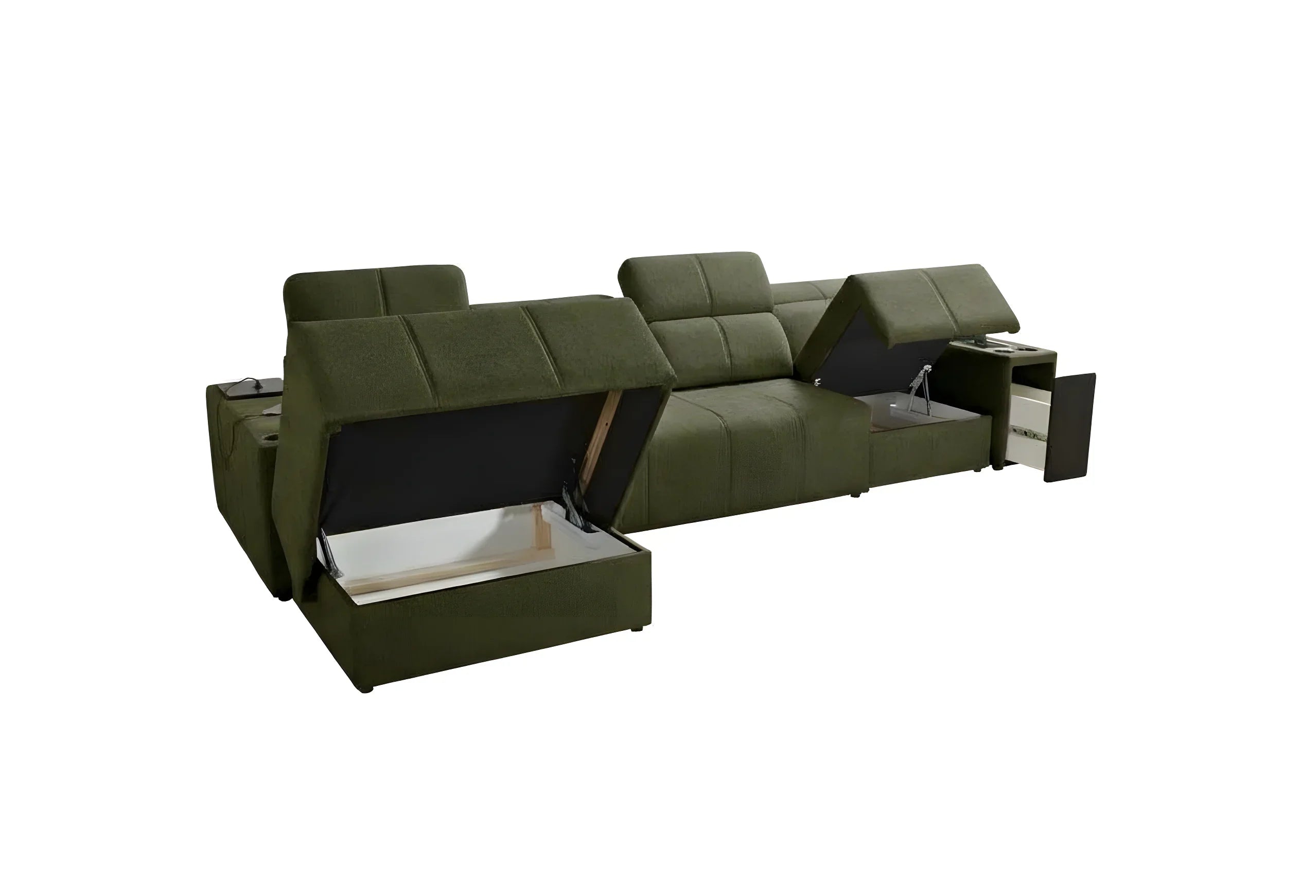 Canapé d'angle vert en tissu, design moderne avec coffre de rangement ouvert, ambiance salon