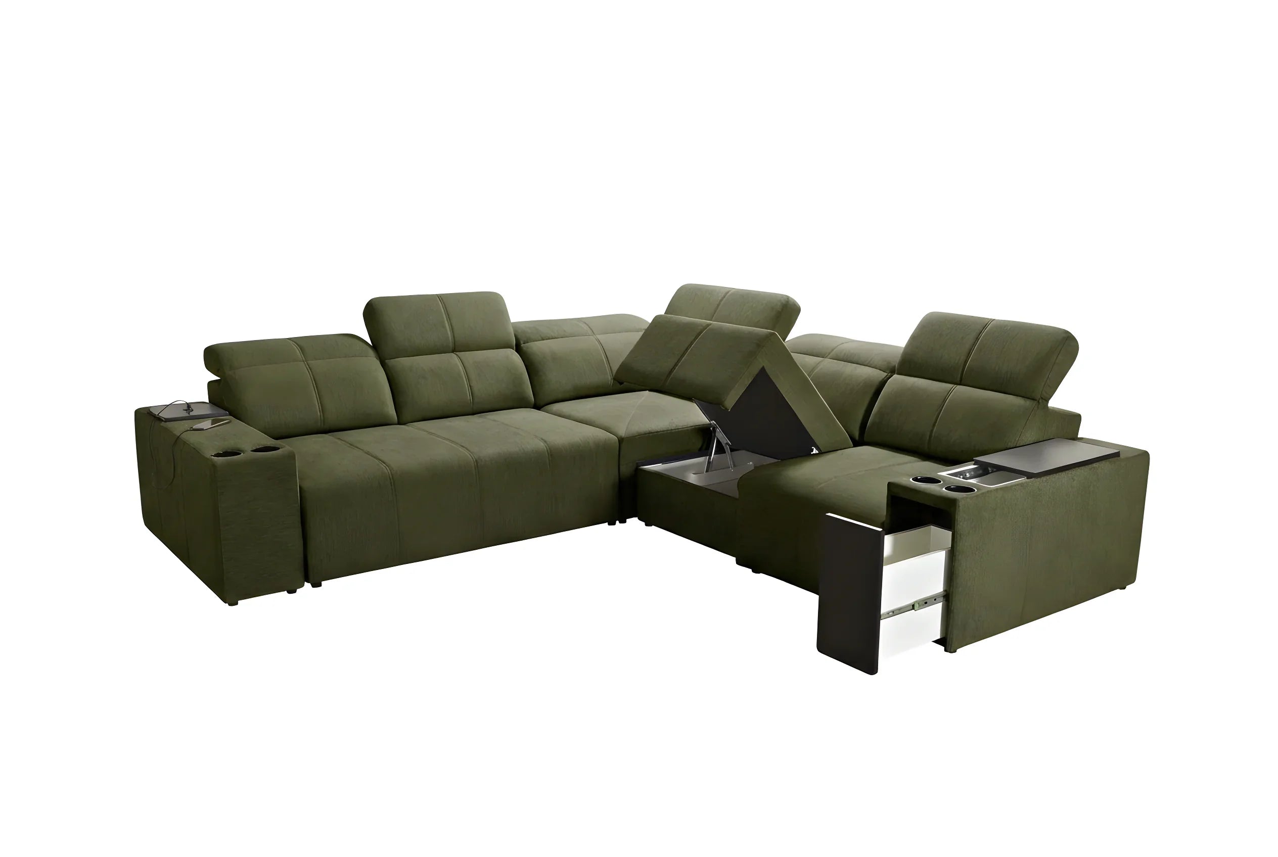 Canapé d'angle vert en tissu, design moderne avec rangements, porte-gobelets, idéal salon, vue de face sur fond blanc