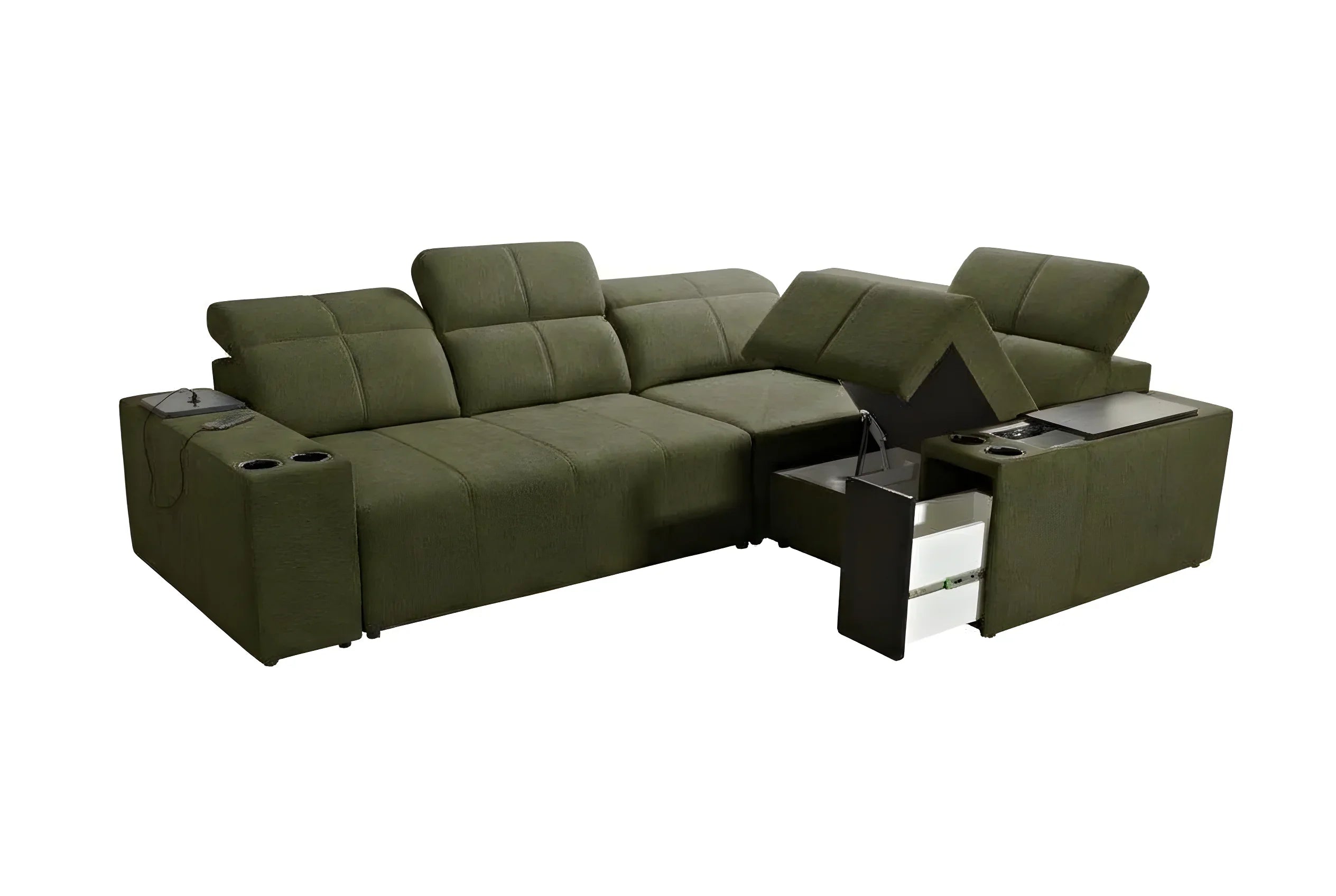 Canapé d'angle vert en tissu, design moderne avec porte-gobelets et rangements intégrés, idéal salon