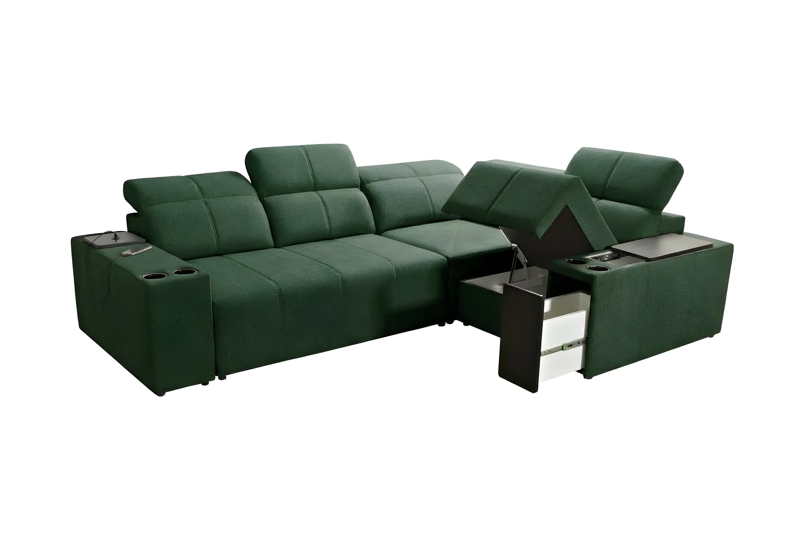 Canapé d'angle vert en tissu avec accoudoirs, porte-gobelets, rangements et dossiers réglables, idéal salon moderne