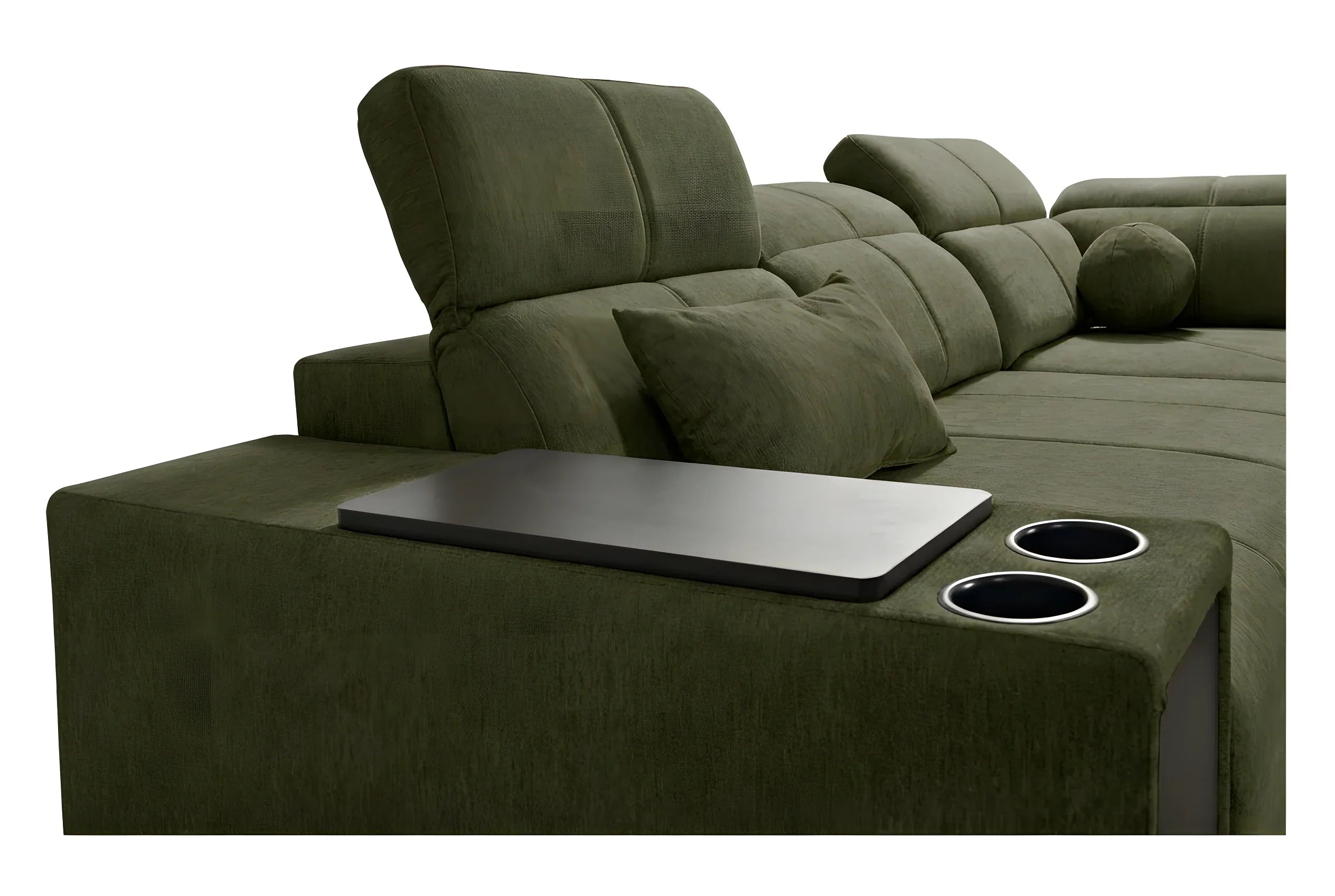 Canapé d'angle vert en tissu, avec table intégrée et porte-gobelets argentés, parfait pour le salon
