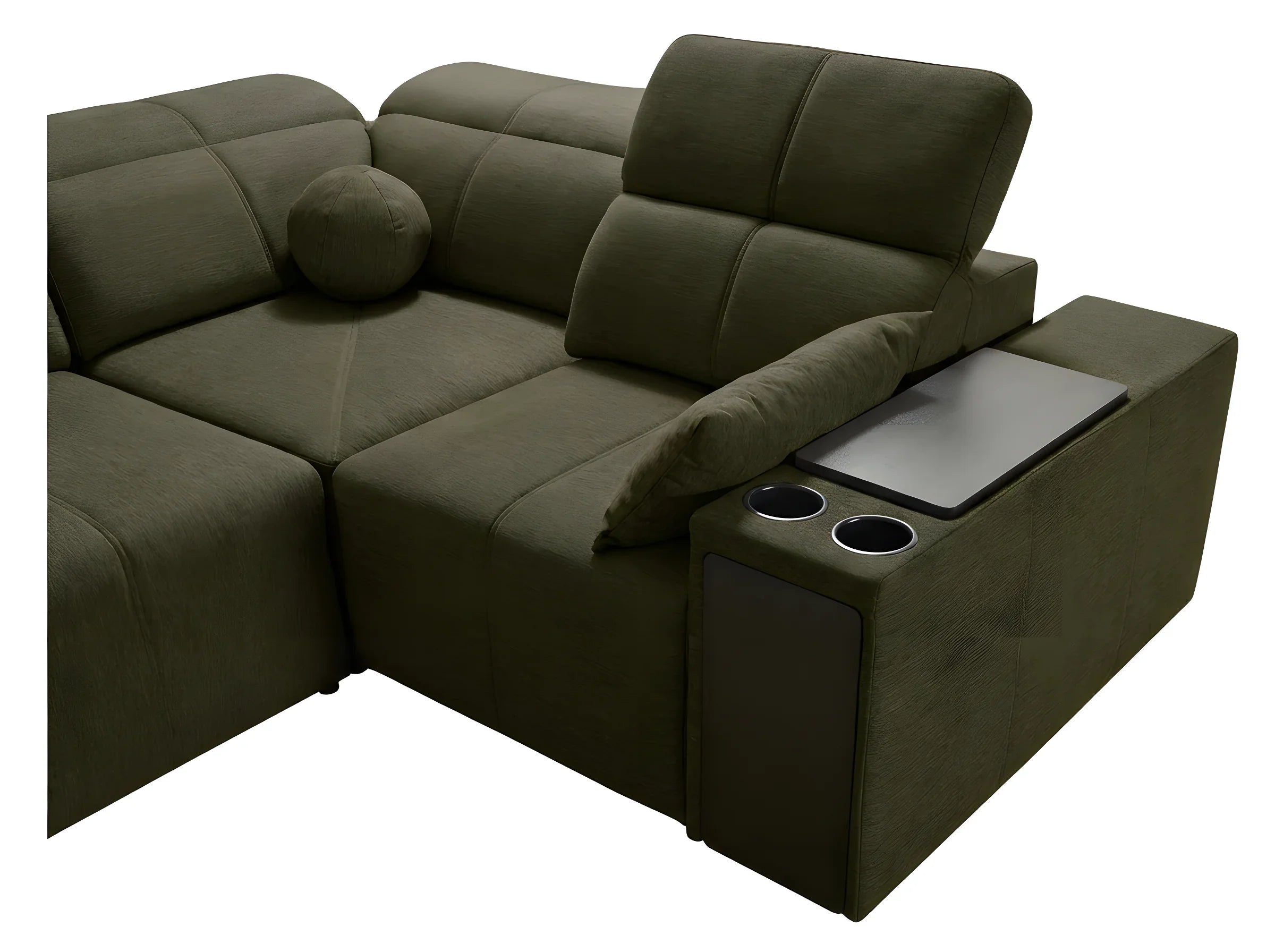 Canapé d'angle vert en tissu avec coussin rond, tablette noire avec deux porte-gobelets pour salon moderne