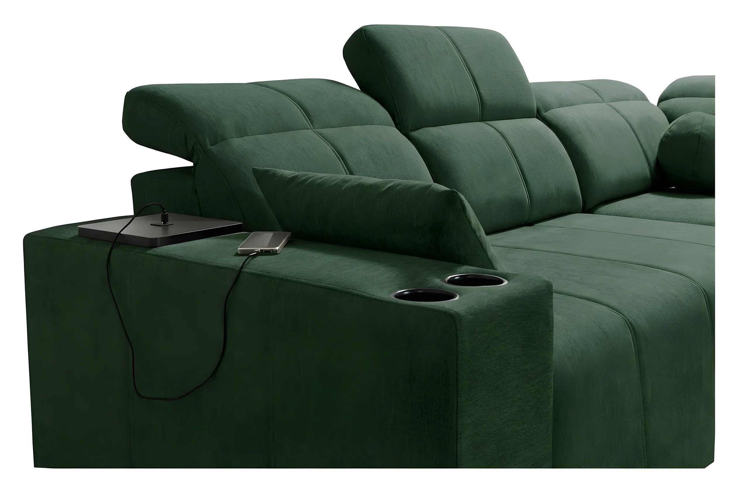 Canapé d'angle vert en tissu, avec coussins moelleux, idéal pour salon moderne, avec plateau et porte-gobelets intégrés.