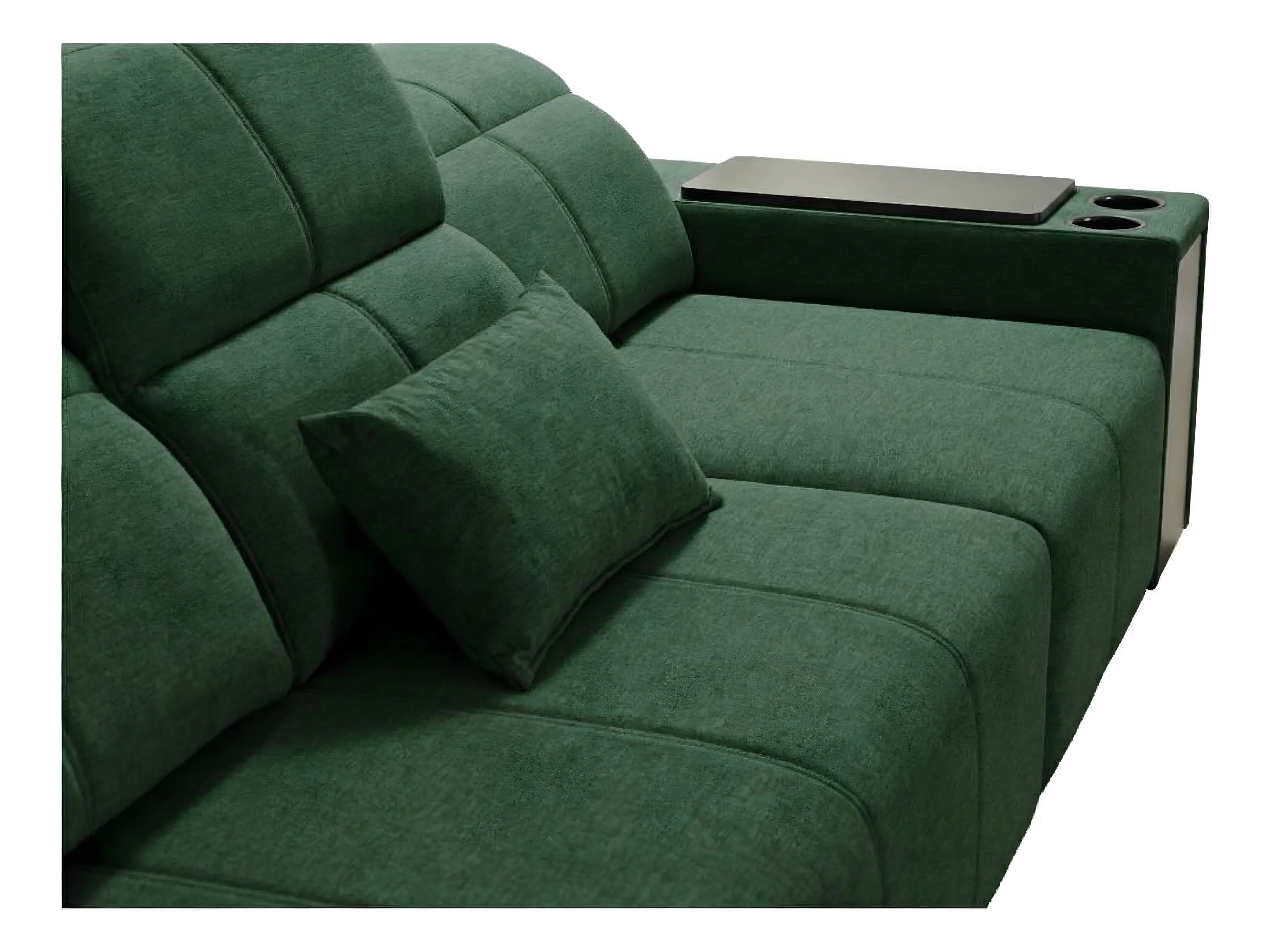 Canapé d'angle vert en tissu, coussins carrés, accoudoir avec table et porte-gobelets, pour salon contemporain