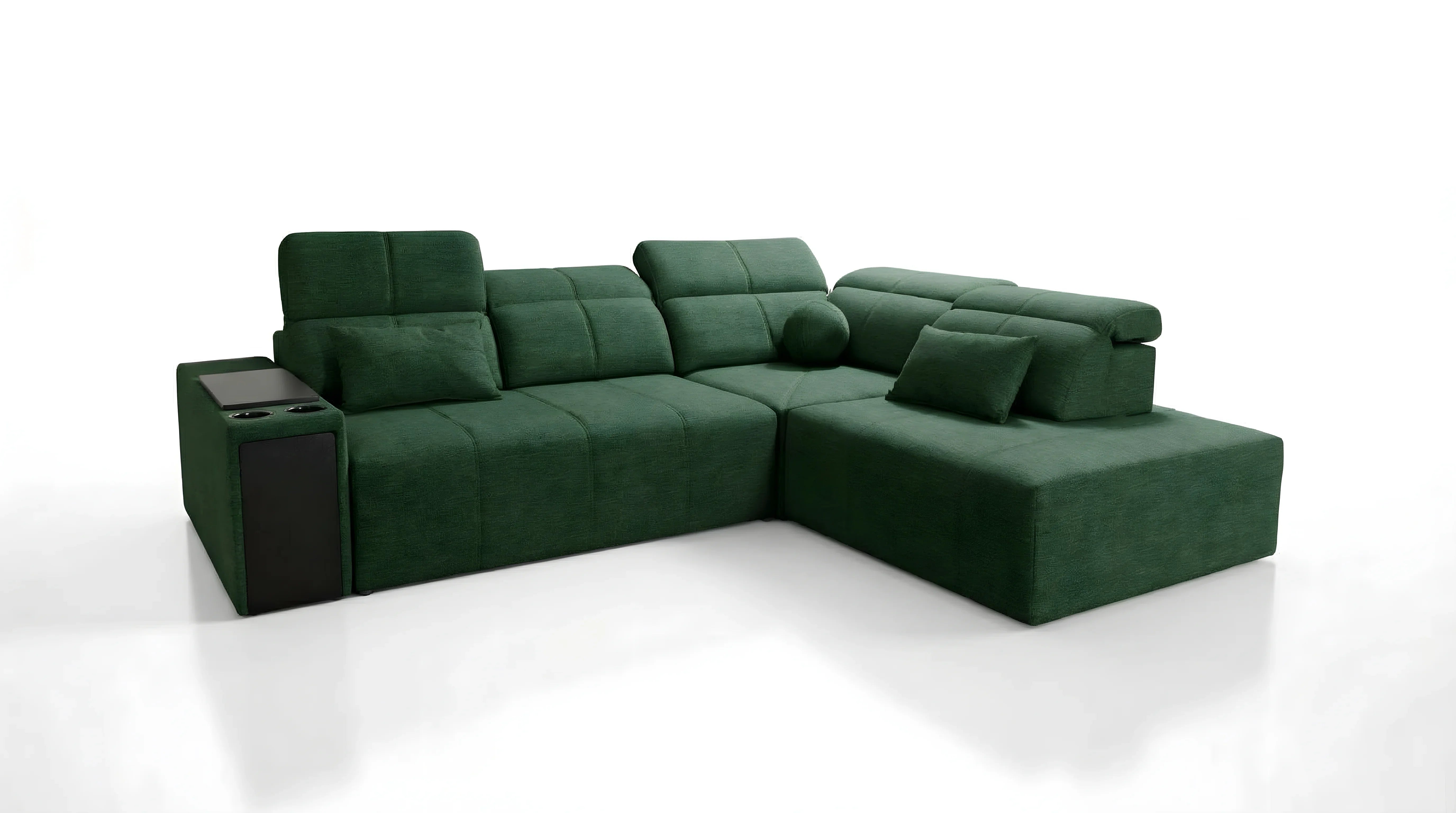 Canapé d'angle vert en tissu texturé, avec accoudoir et coussins, sur fond blanc, pour salon moderne