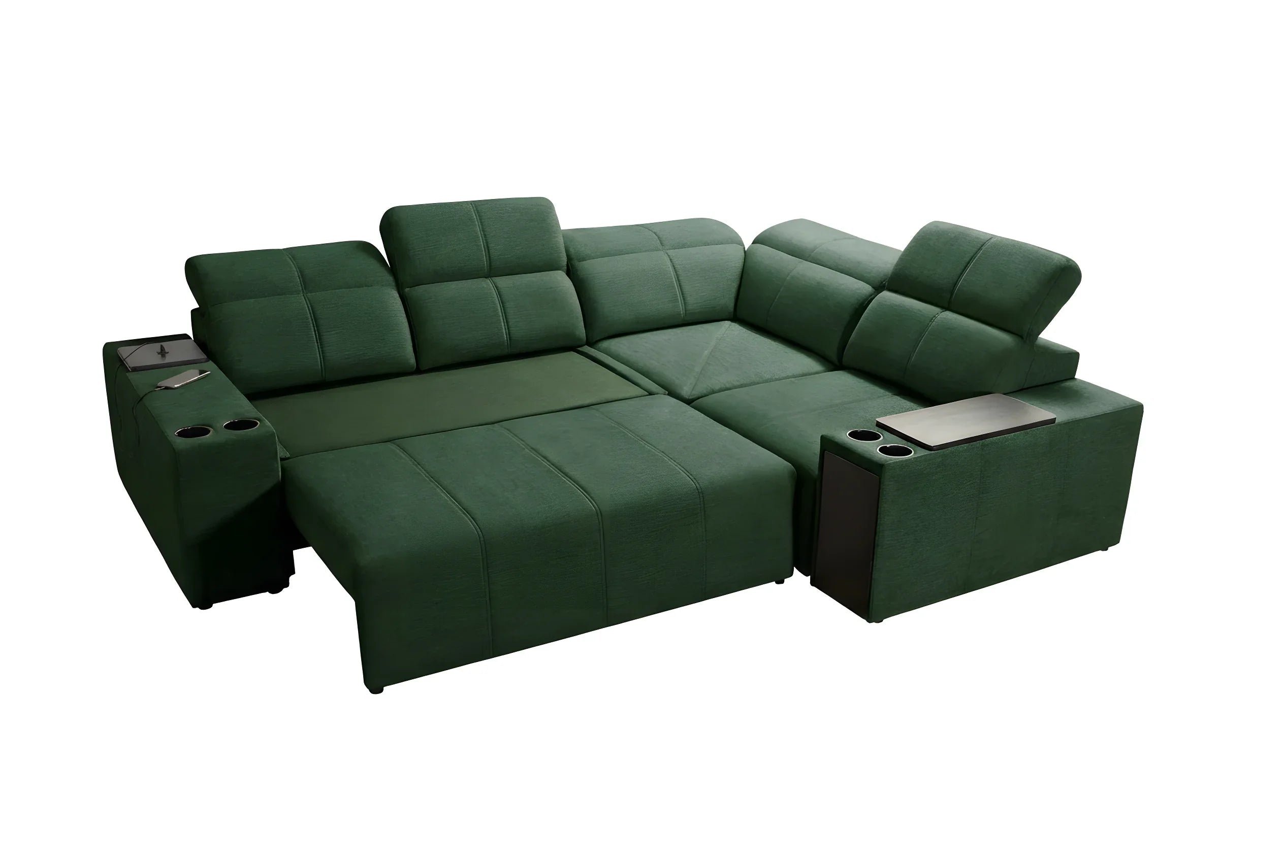 Canapé d'angle vert en tissu texturé, avec accoudoirs et tablettes intégrées, idéal pour salon contemporain