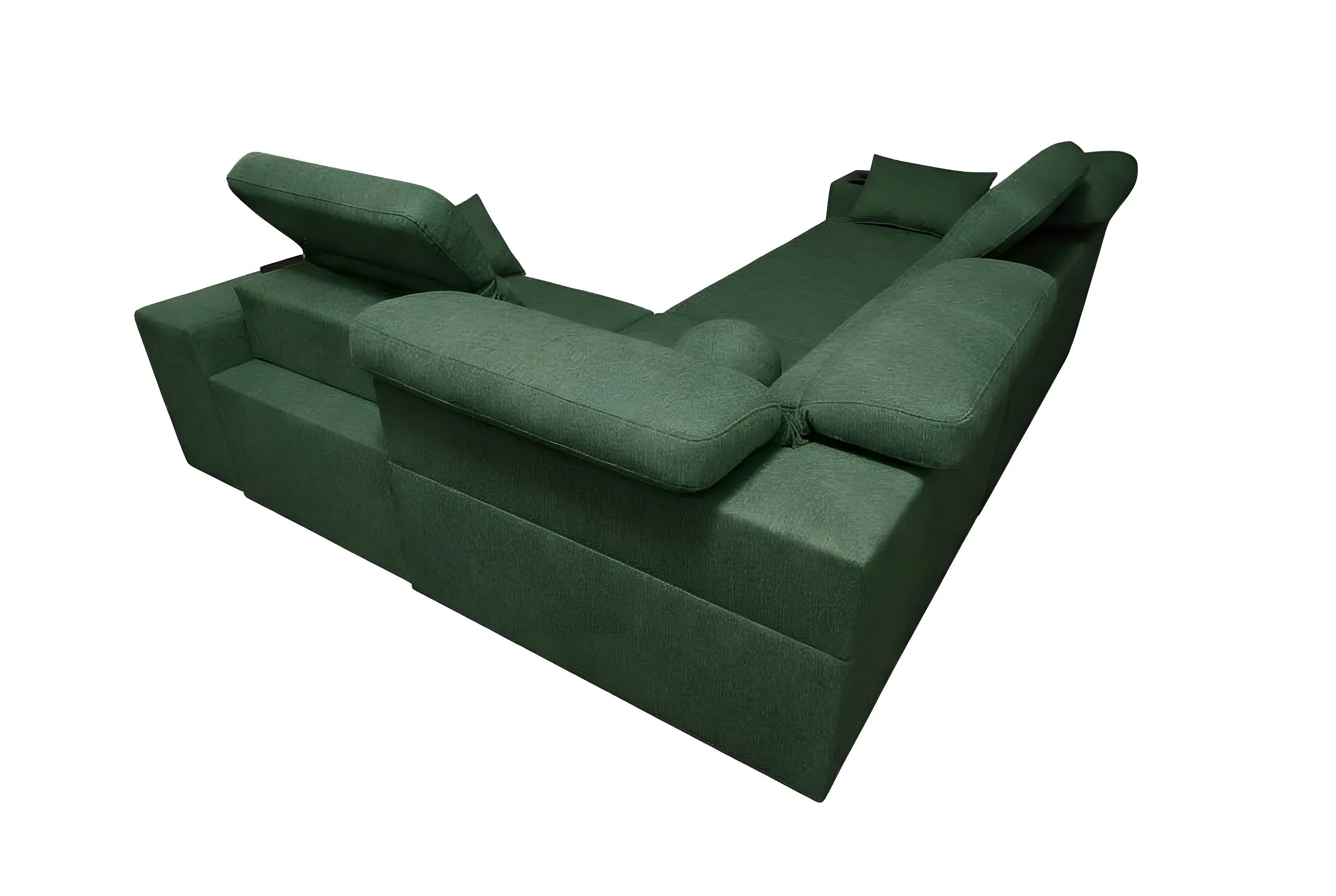 Canapé d'angle vert en tissu, idéal pour salon moderne. Forme en L avec coussins pour un confort optimal.