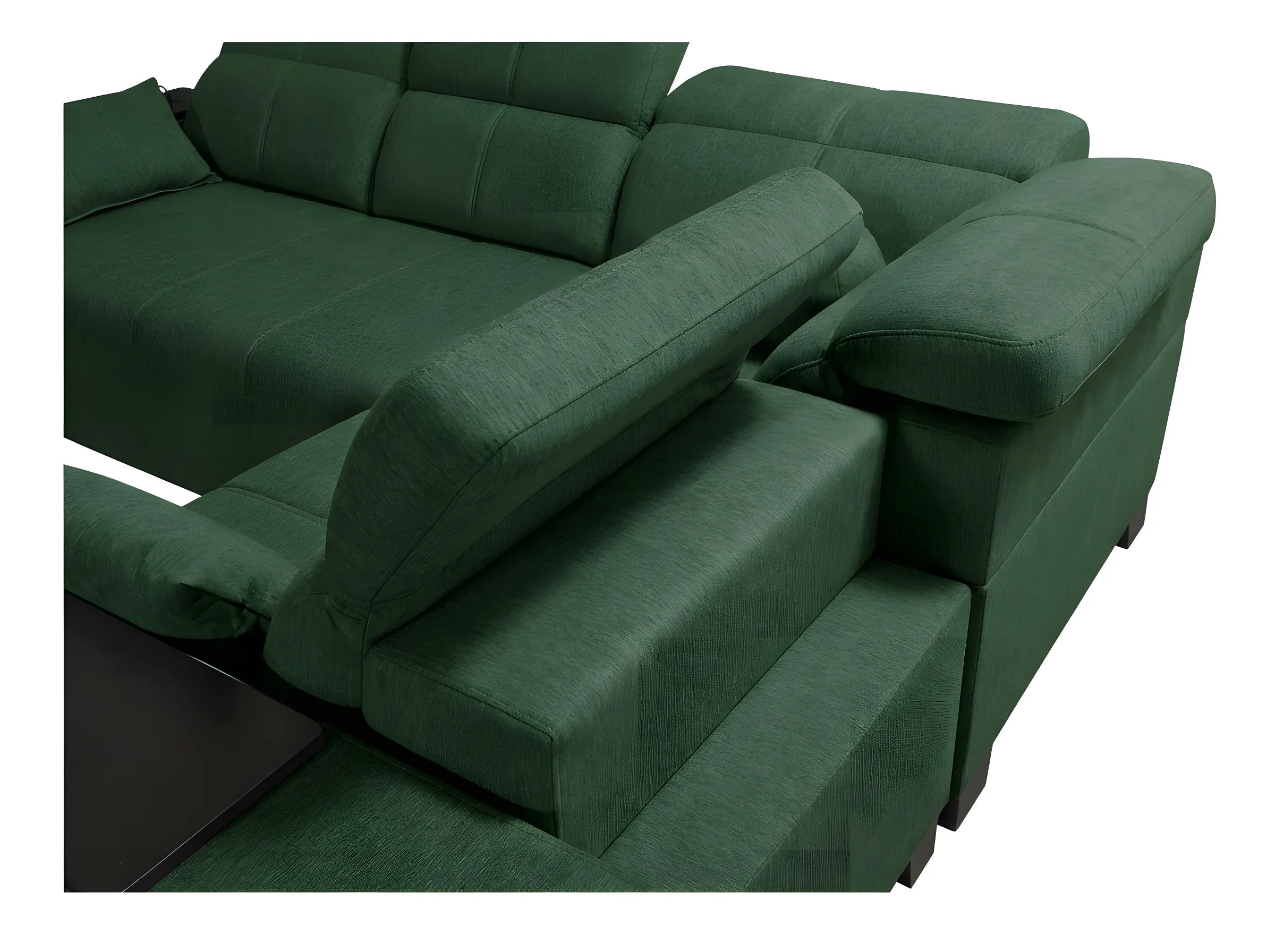 Canapé d'angle vert en tissu, forme contemporaine. Idéal dans un salon moderne, repose-bras et coussins moelleux.