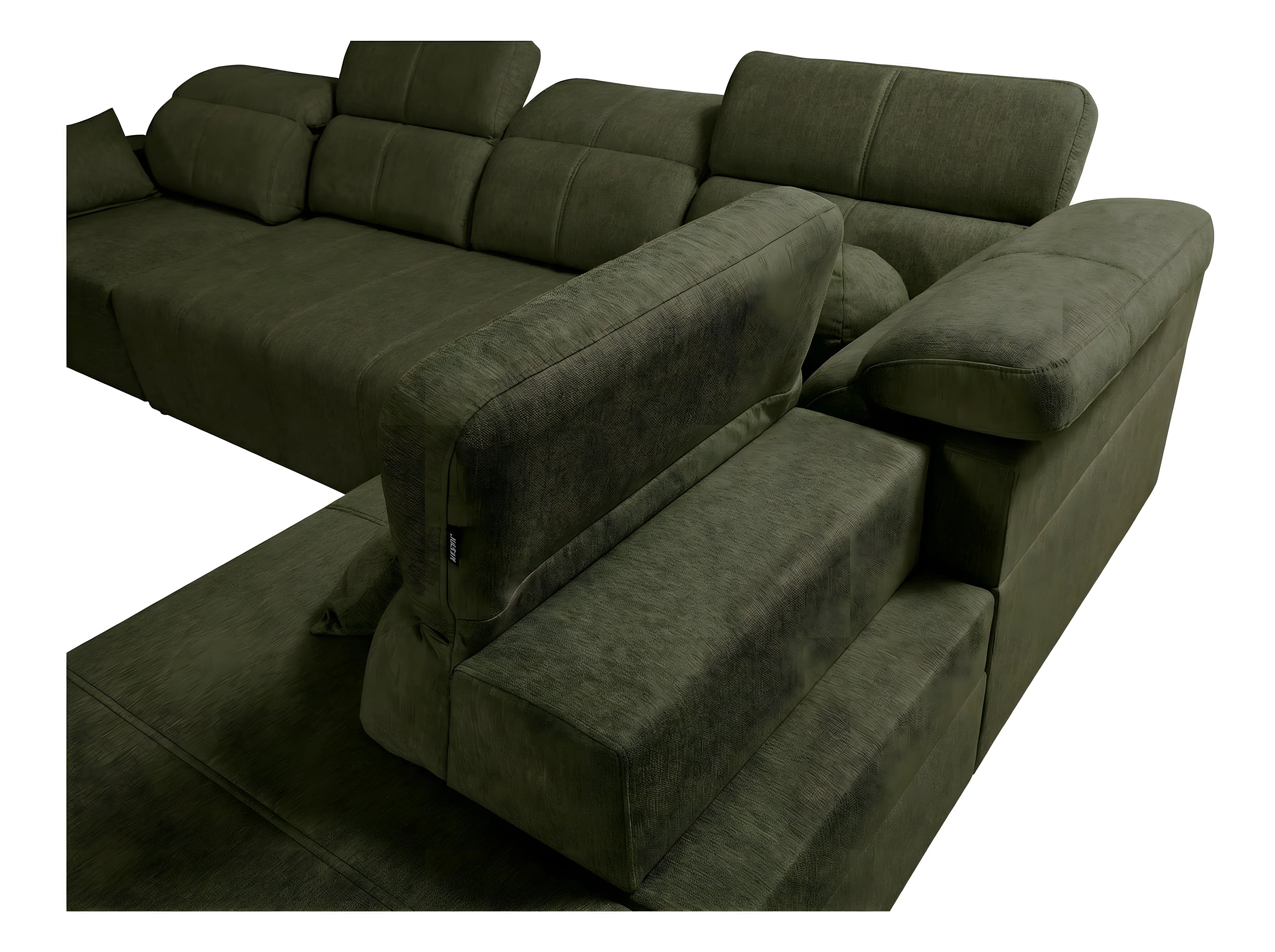 Canapé d'angle vert foncé en tissu texturé, design contemporain pour salon, coussins confortables