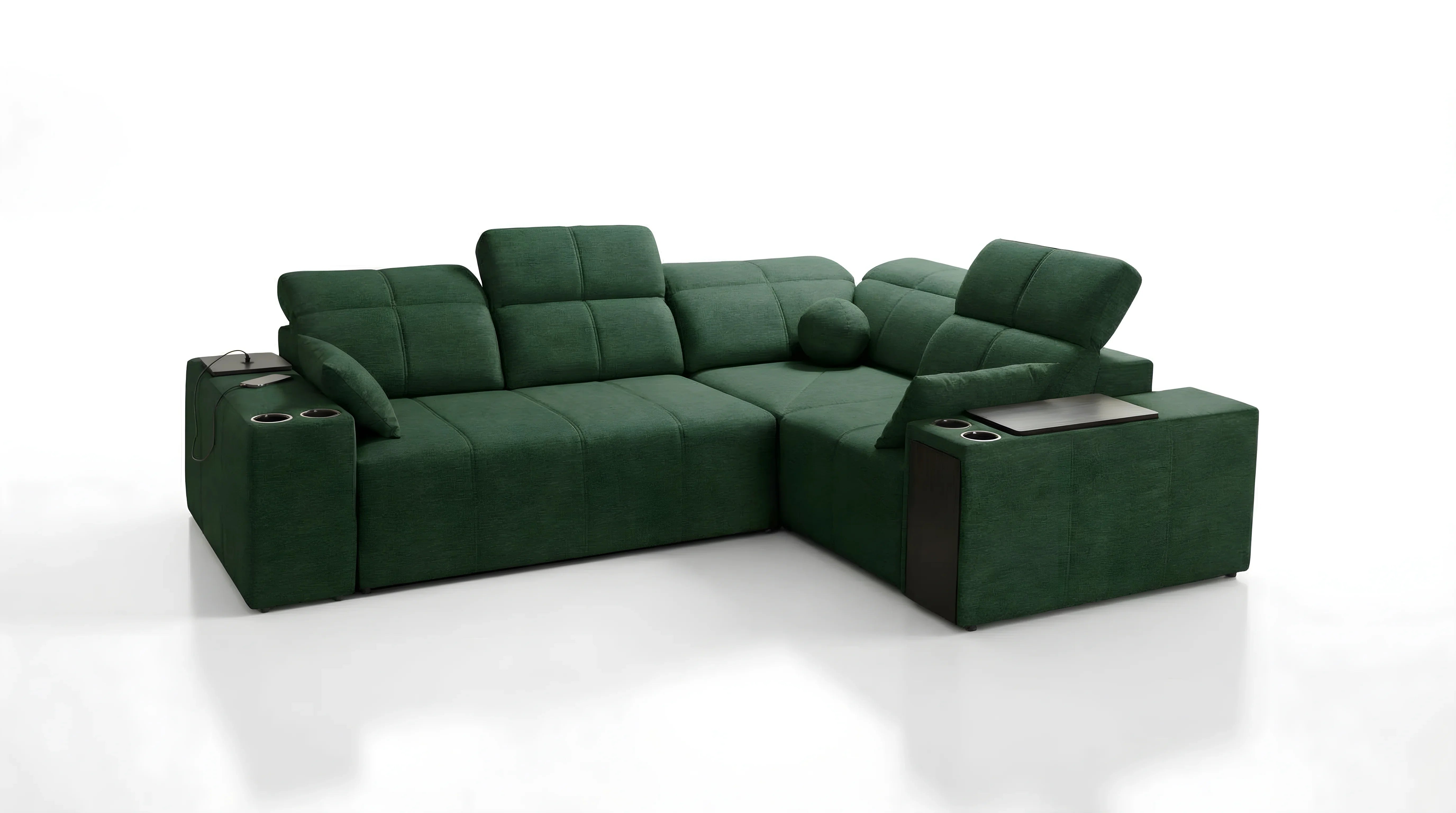 Canapé d'angle vert en tissu texturé placé dans un décor clair, avec accoudoirs et détails pratiques, parfait pour le salon.