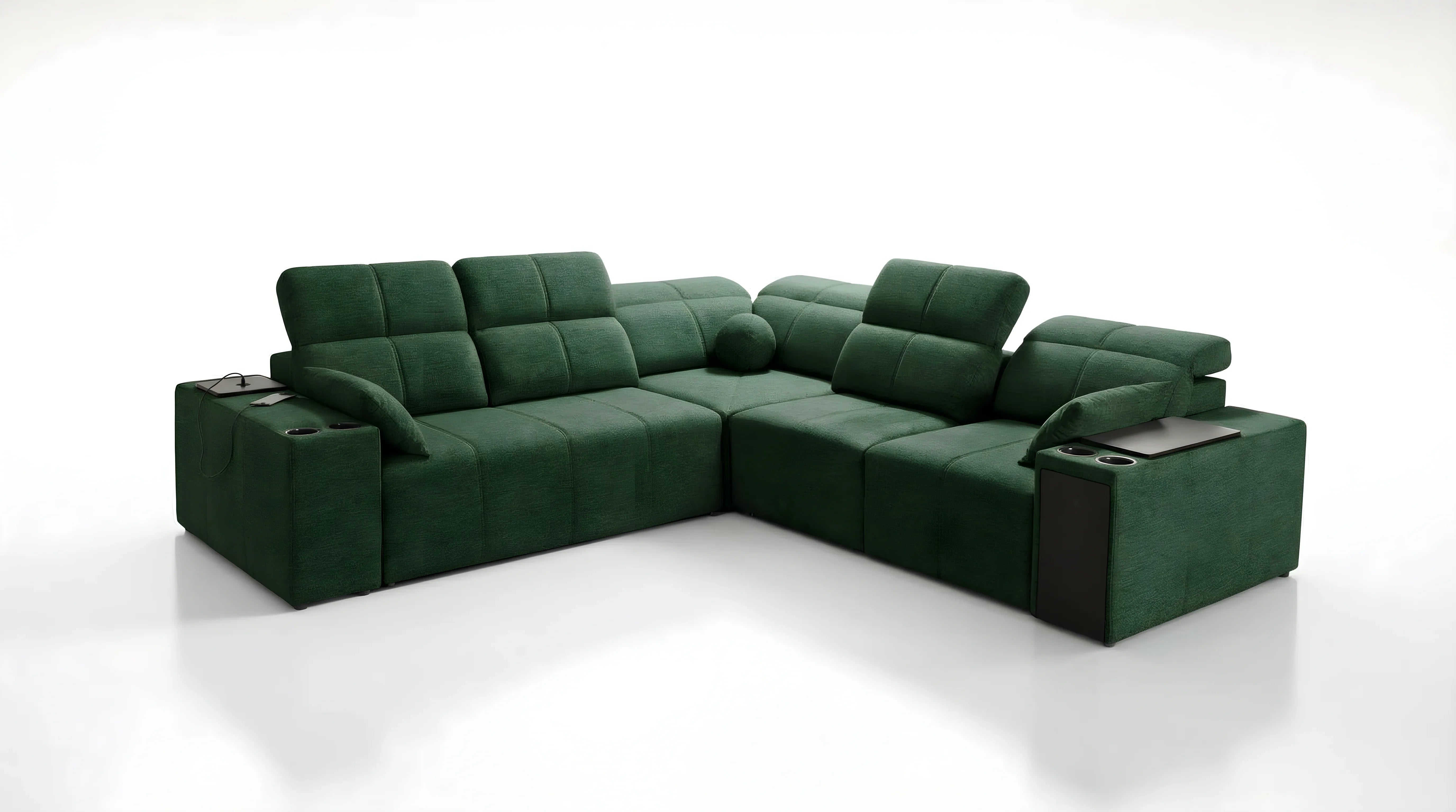 Canapé d'angle vert en tissu, design moderne, idéal pour salon contemporain, avec accoudoirs et porte-gobelets.