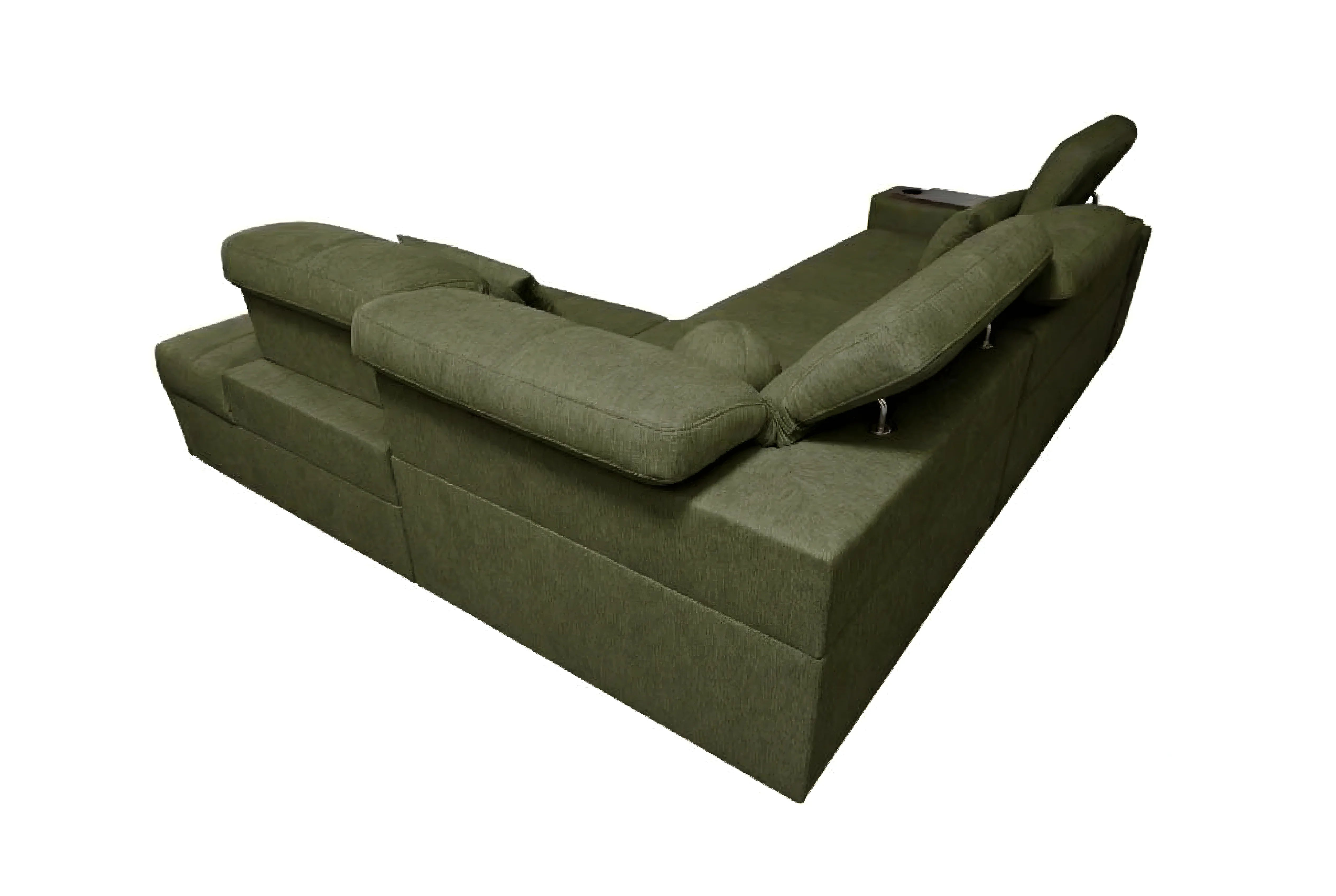 Canapé d'angle vert en tissu, design moderne pour salon, coussins confortables, vue de côté, fond blanc