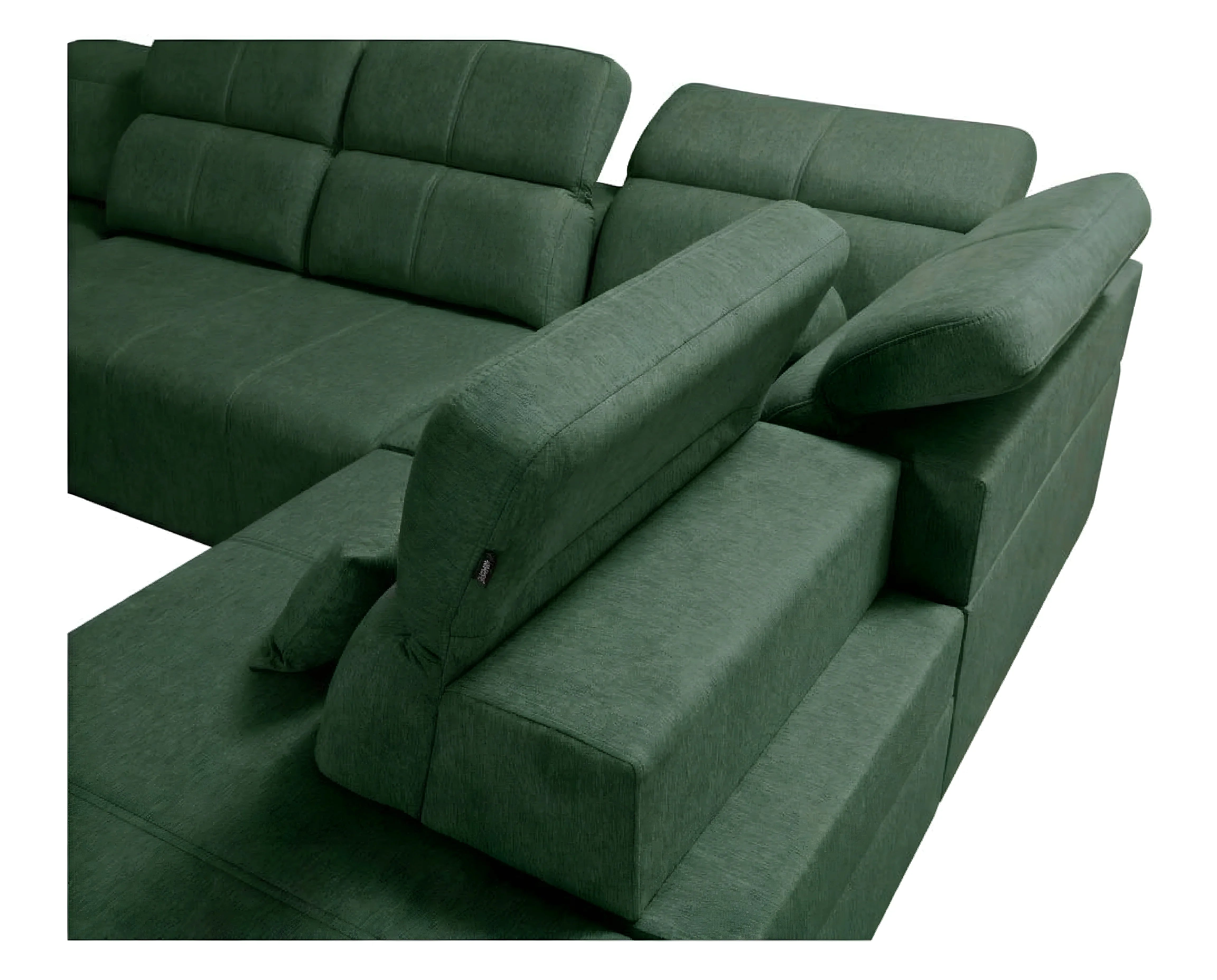 Canapé d'angle vert en tissu, design moderne avec dossier ajustable, idéal salon contemporain