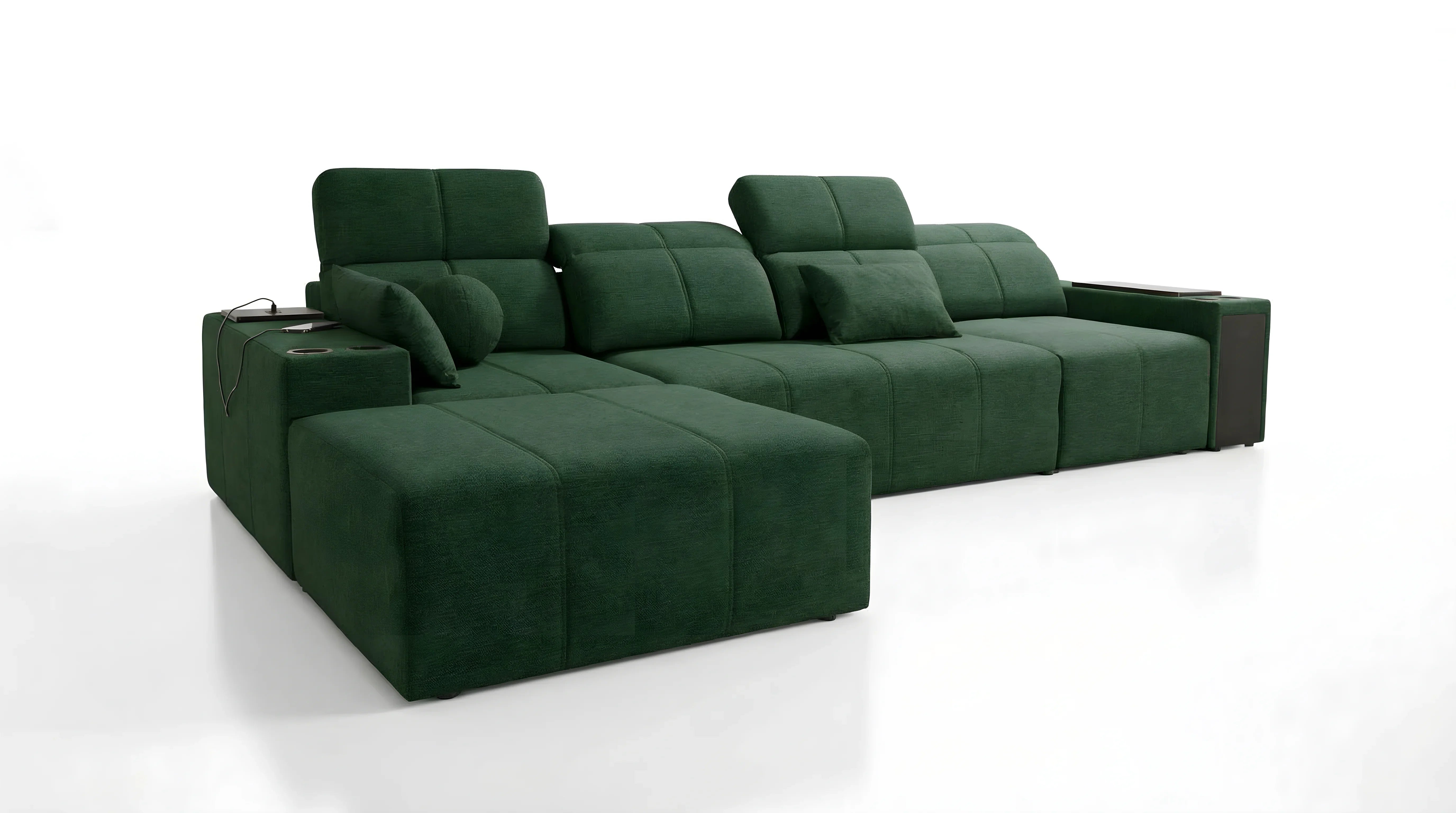 Canapé d'angle vert en tissu avec coussins et appui-têtes, design contemporain pour salon moderne