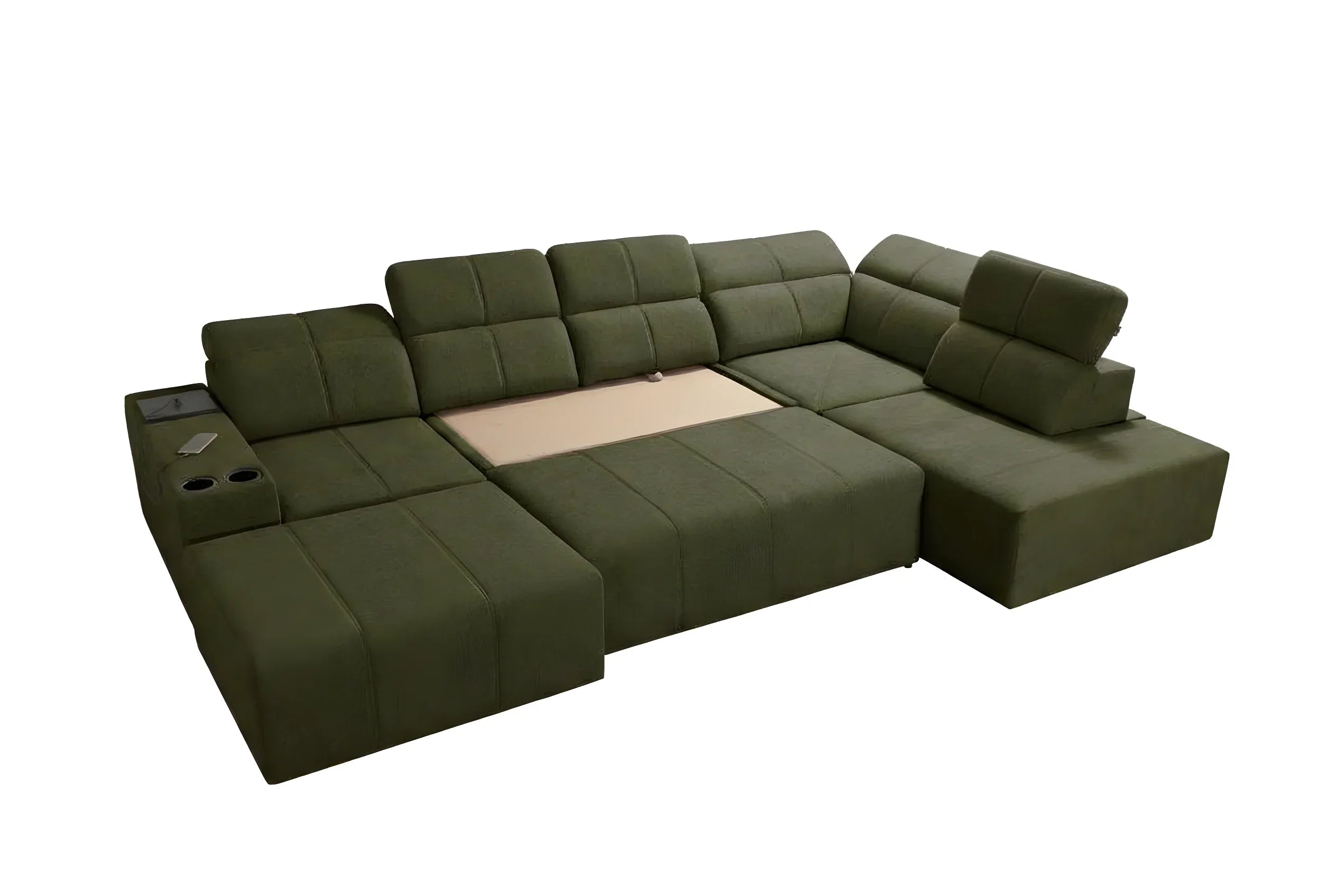 Canapé d'angle vert en tissu, design contemporain et modulable, avec accoudoirs et espace de rangement intégré, pour salon moderne