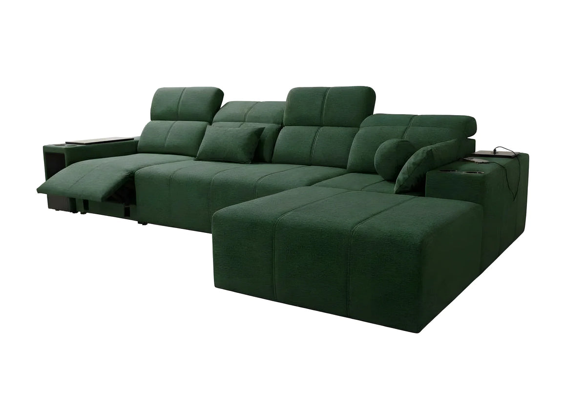 Canapé d'angle vert en tissu, design moderne et modulable avec coussins et accoudoirs, idéal pour salon contemporain.