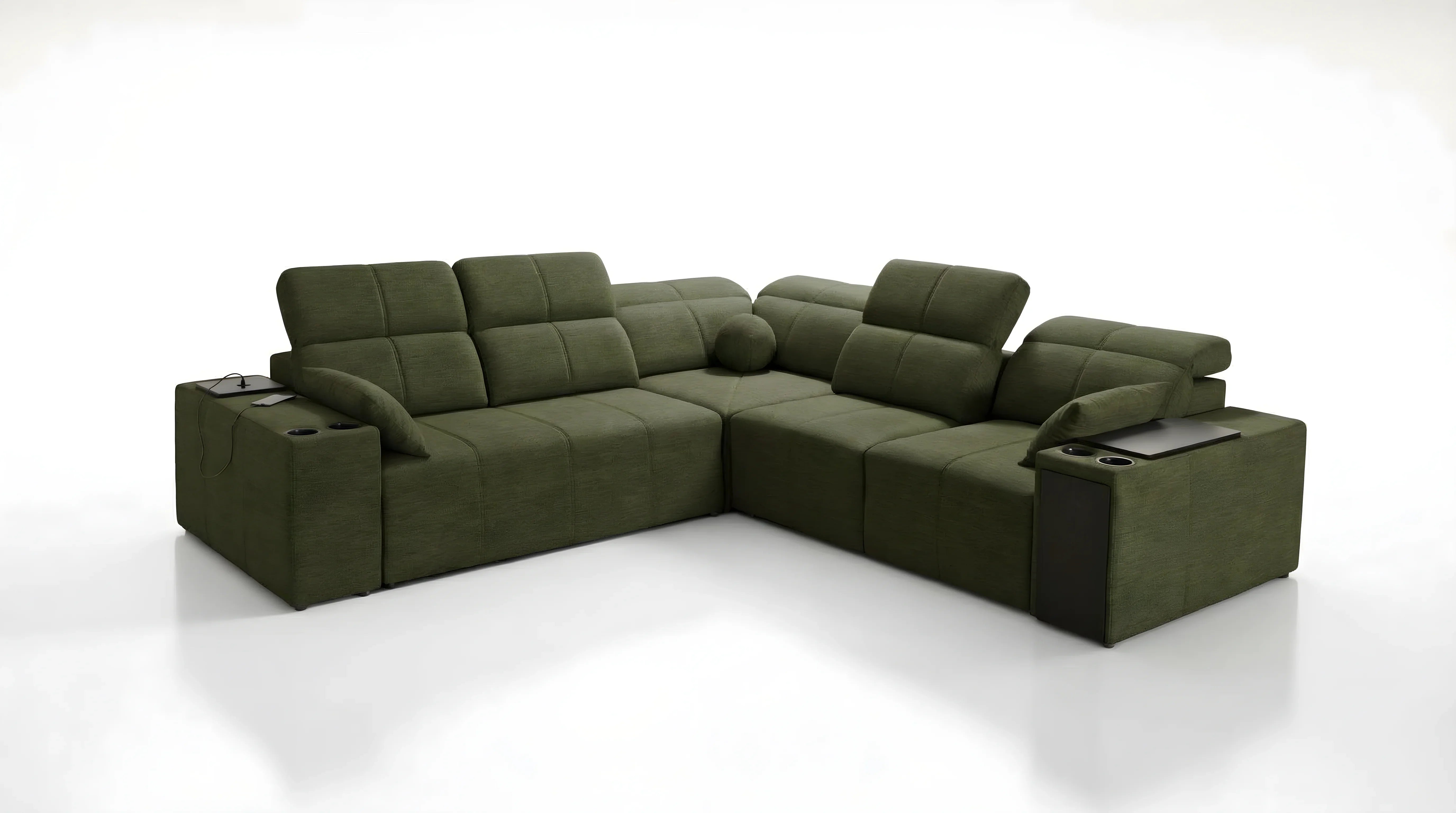 Canapé d'angle vert en tissu texturé avec accoudoirs, porte-gobelets et tablettes, idéal salon moderne