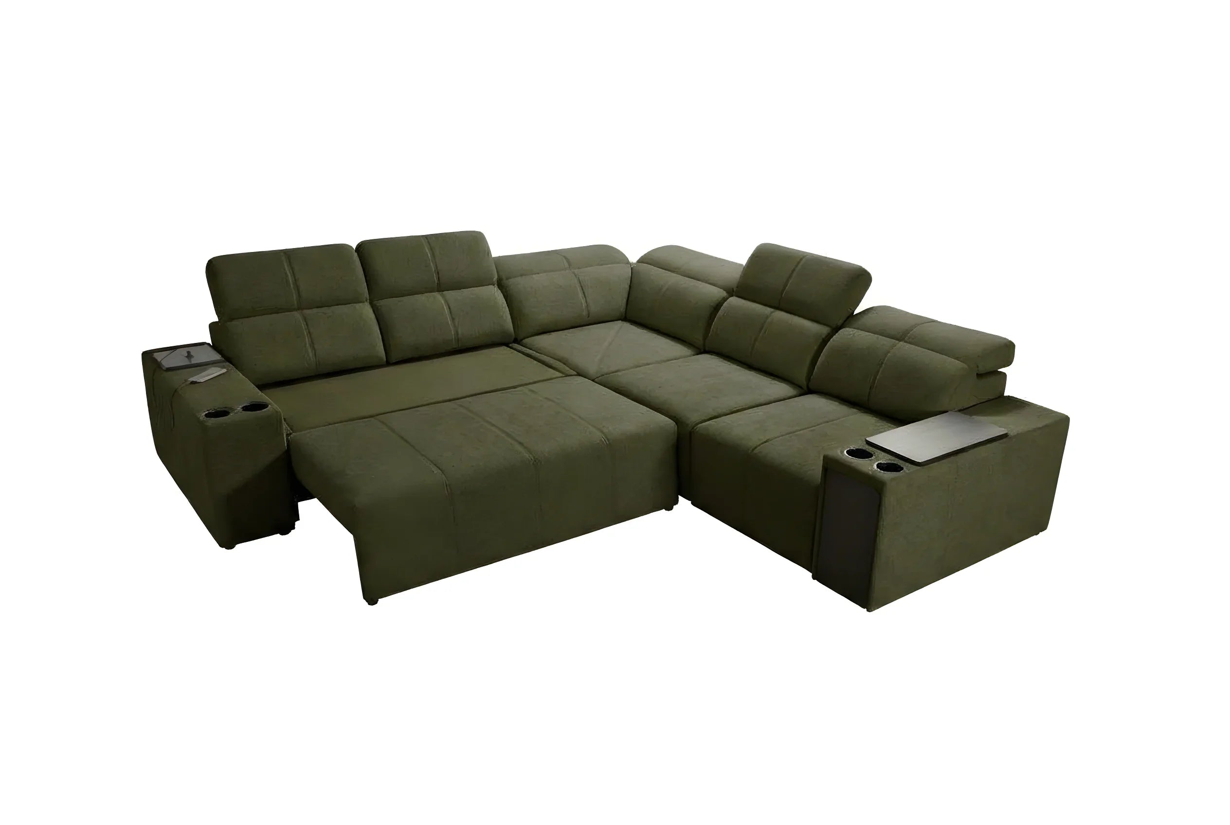 Canapé d'angle vert en tissu, forme modulable avec accoudoirs, porte-gobelets et tablettes, pour salon moderne