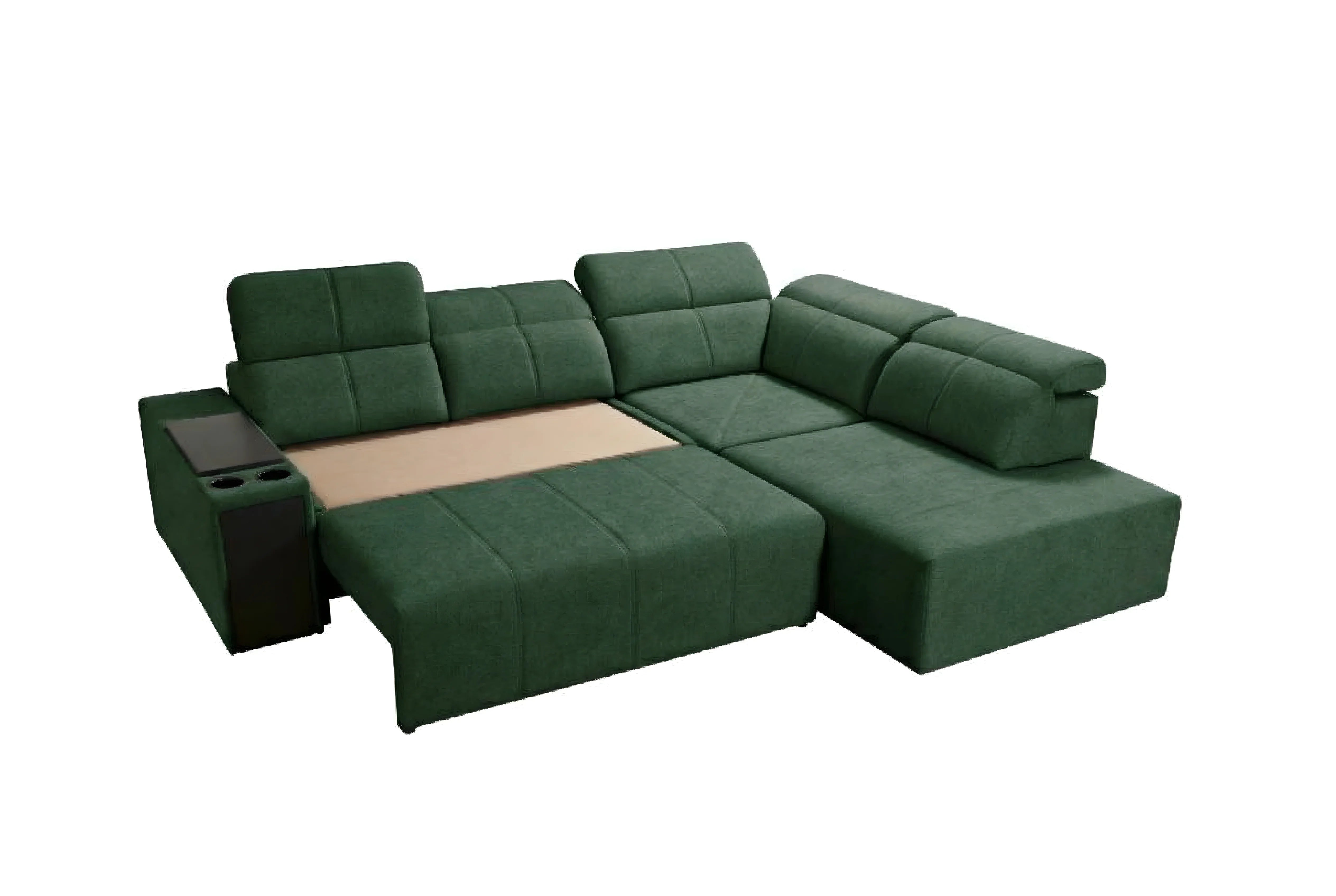 Canapé d'angle vert en tissu avec coussins carrés, accoudoir et porte-gobelets pour salon moderne.