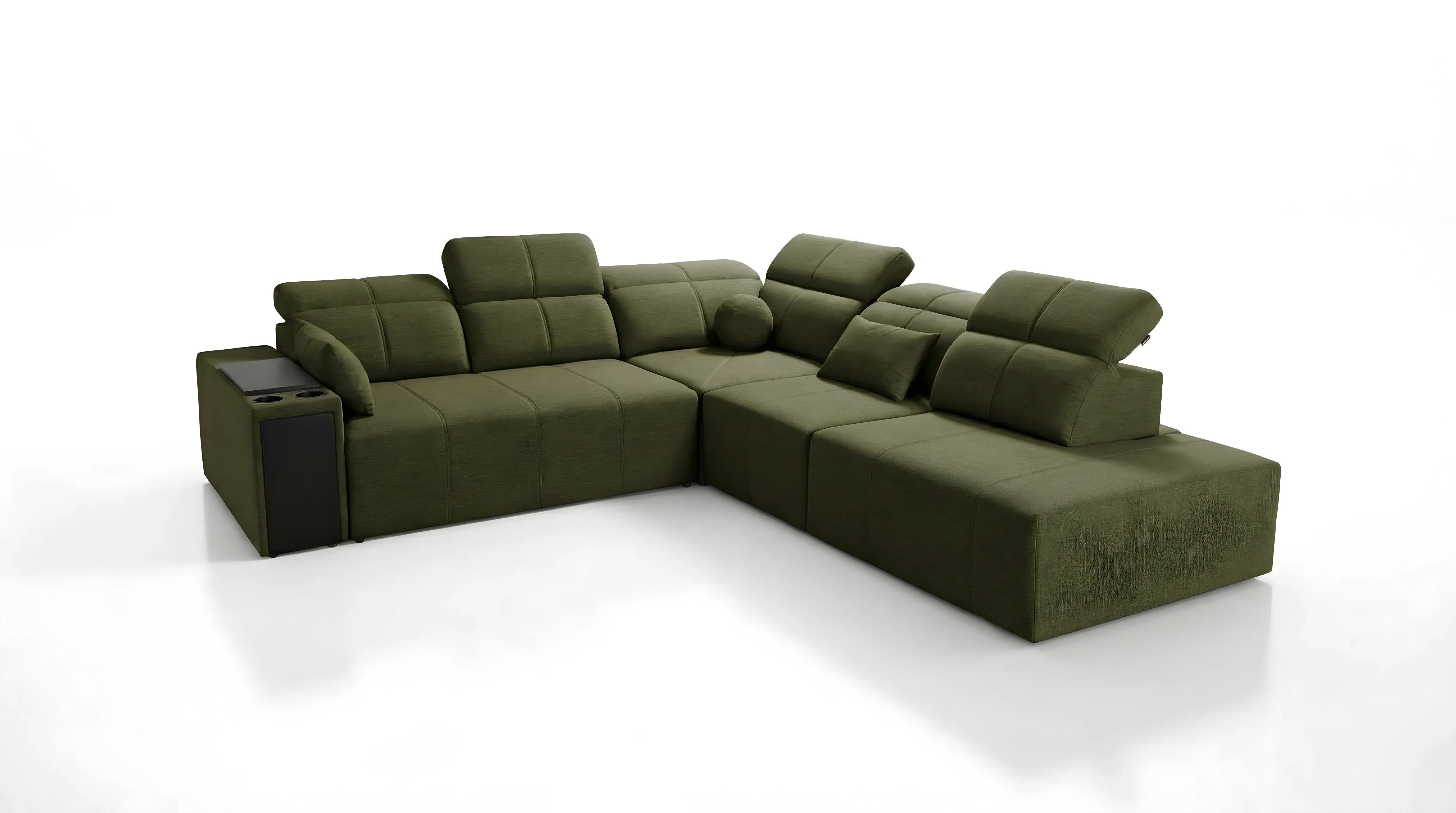 Canapé d'angle vert en tissu. Design contemporain, coussins confortables, avec porte-gobelets idéal pour salon moderne
