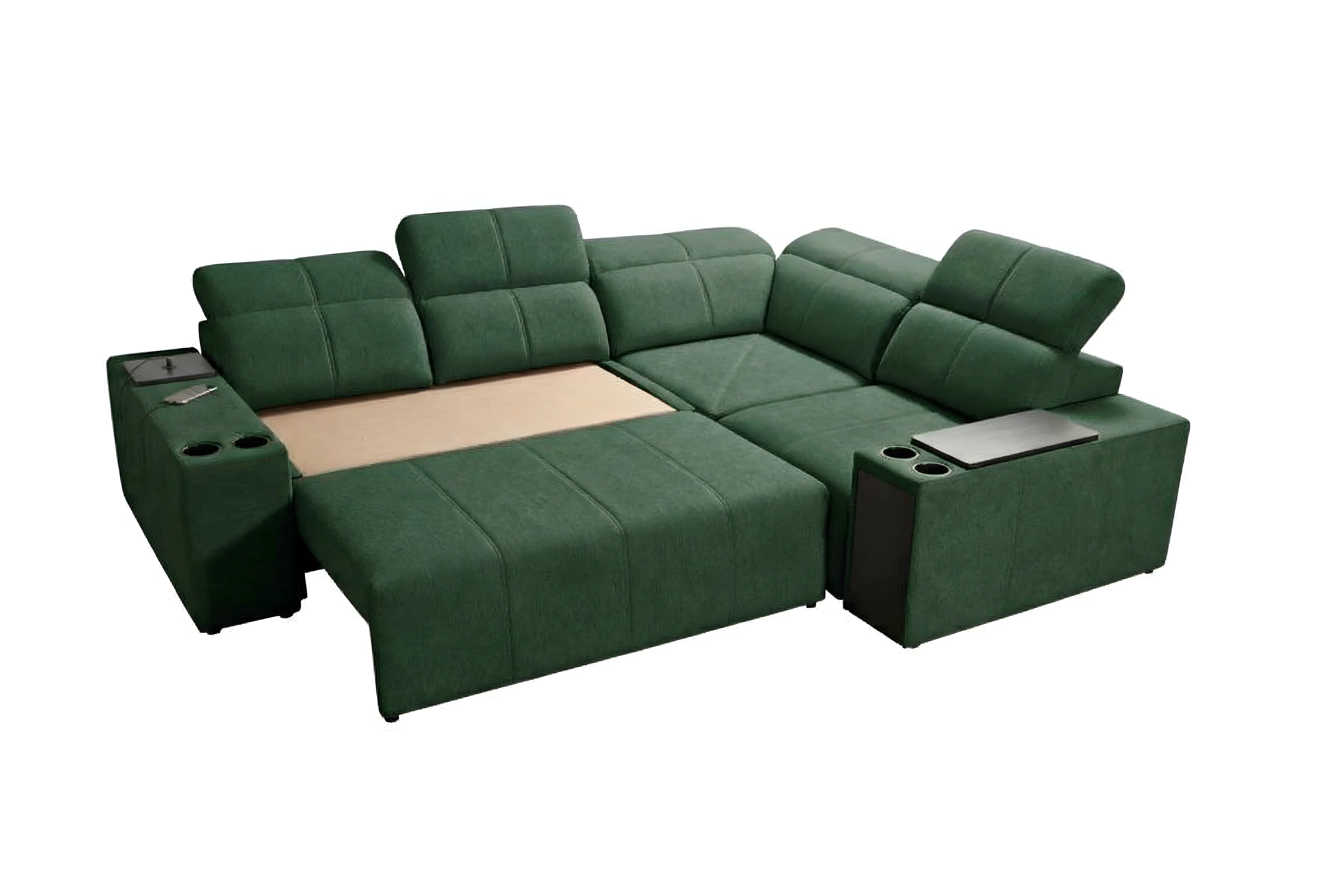 Canapé d'angle vert en tissu avec tablettes et porte-gobelets, design moderne pour salon