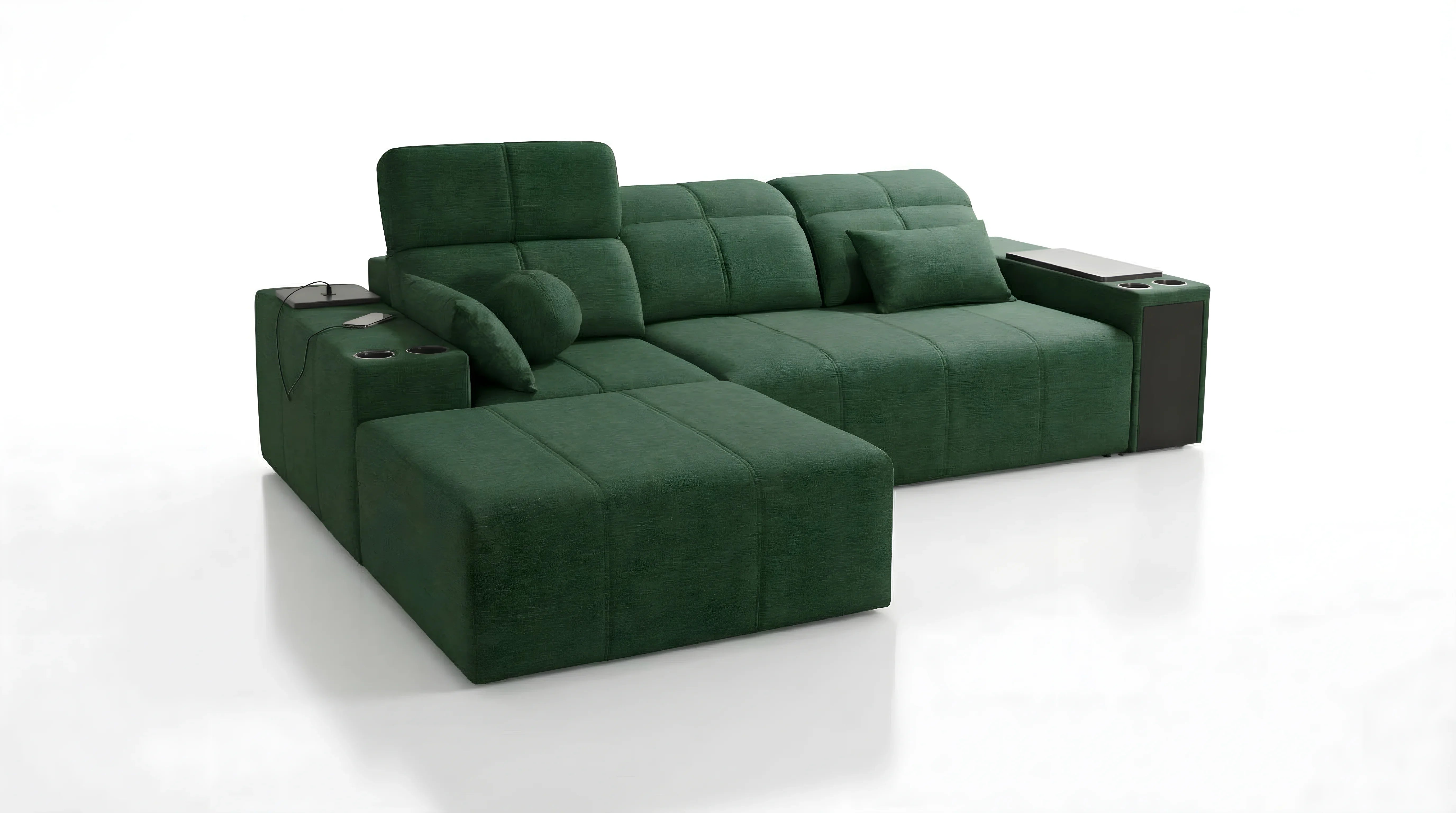 Canapé d'angle vert en tissu avec plusieurs coussins, tablettes et porte-gobelets, pour salon moderne