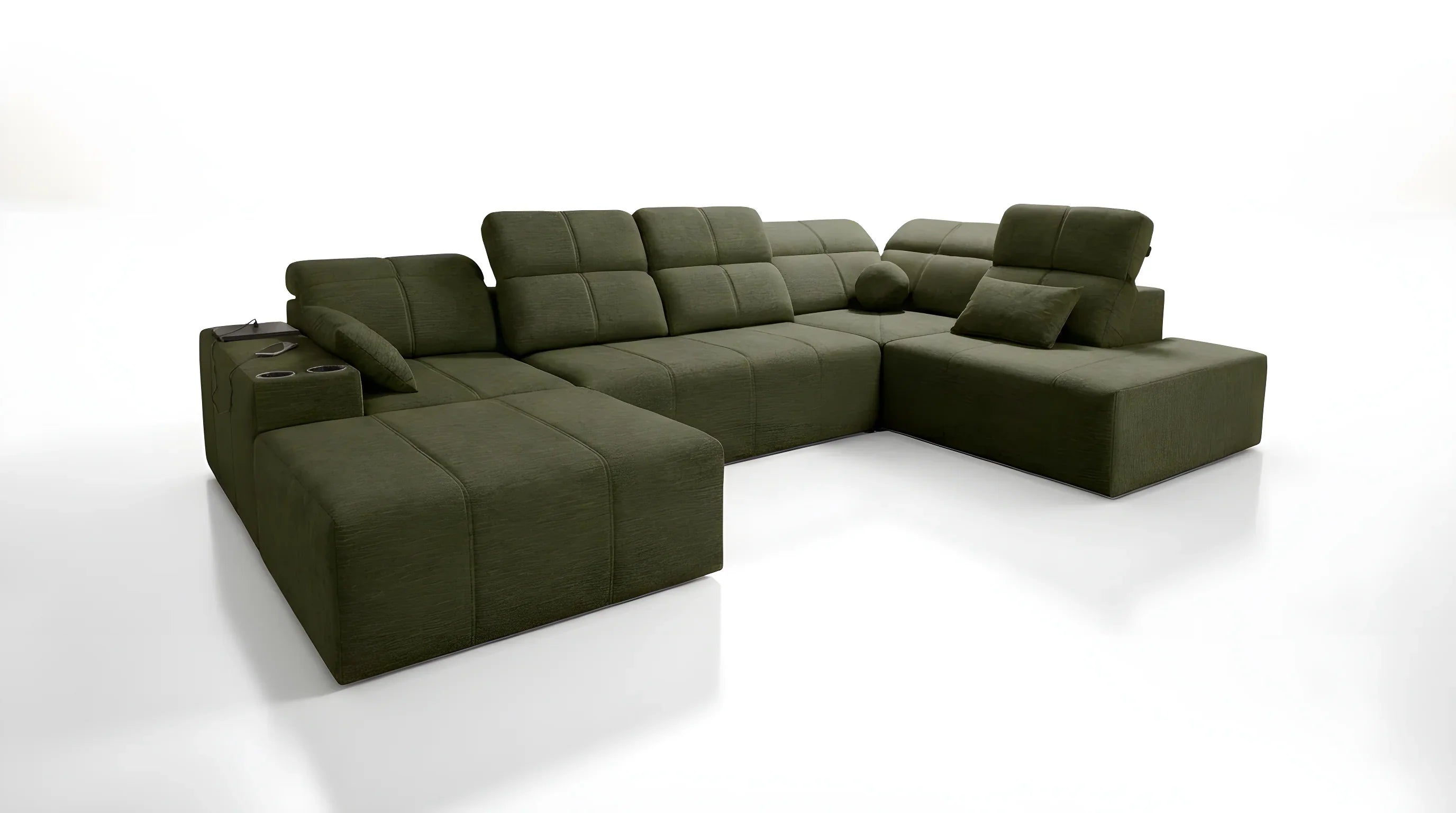 Canapé d'angle vert en tissu, forme en U avec coussins, idéal salon, ambiance cosy